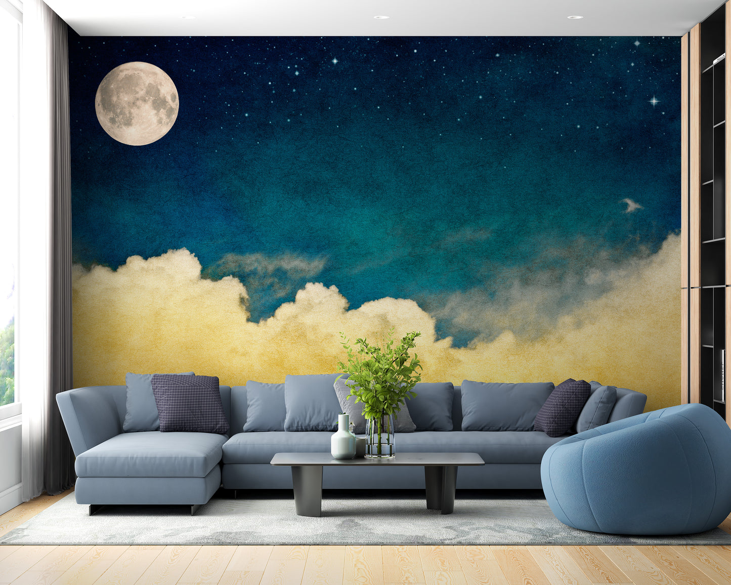 Vivid Yellow Cloud with Full moon wallpaper Mural