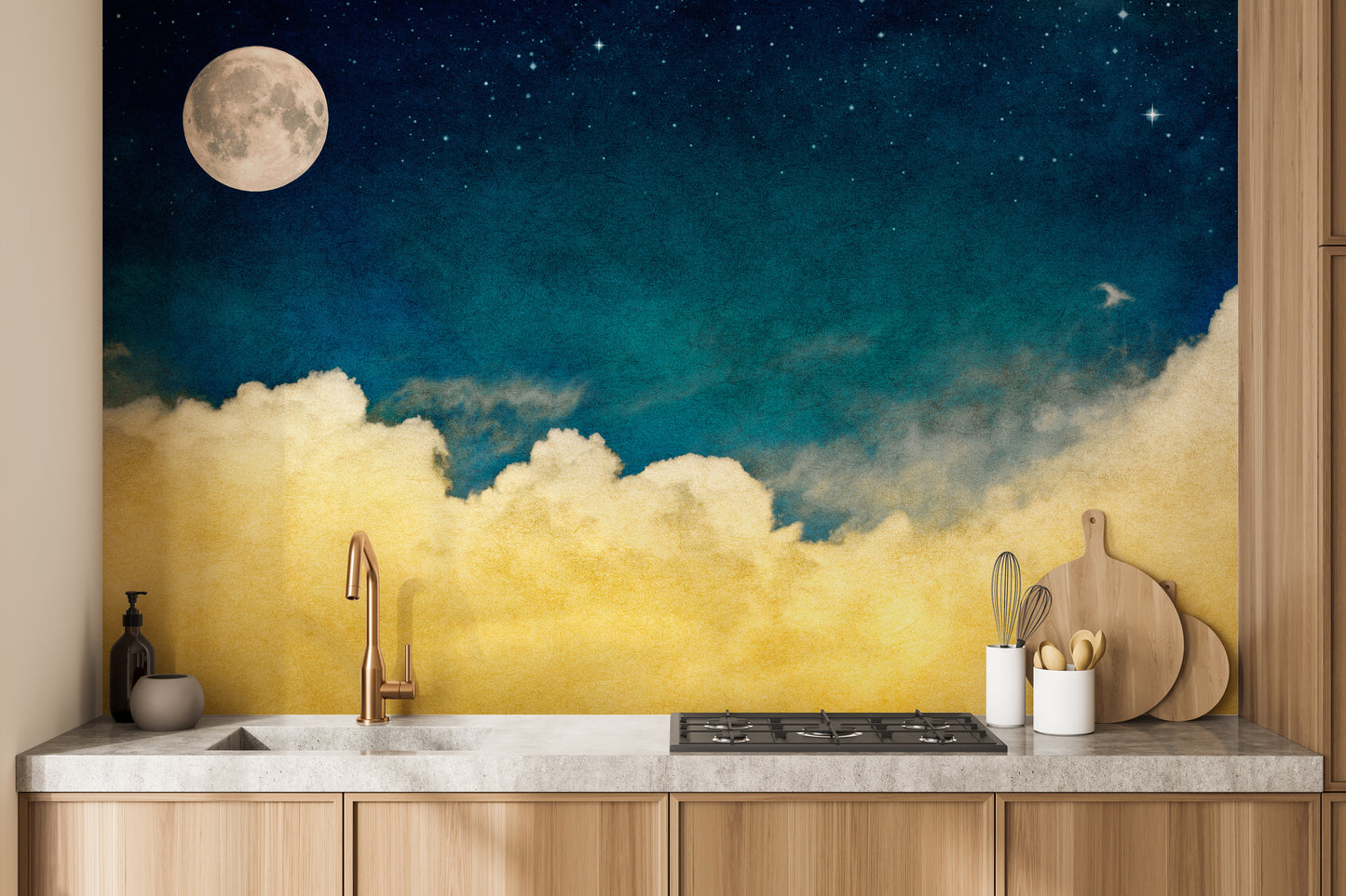 Vivid yellow cloud with full moon wallpaper mural