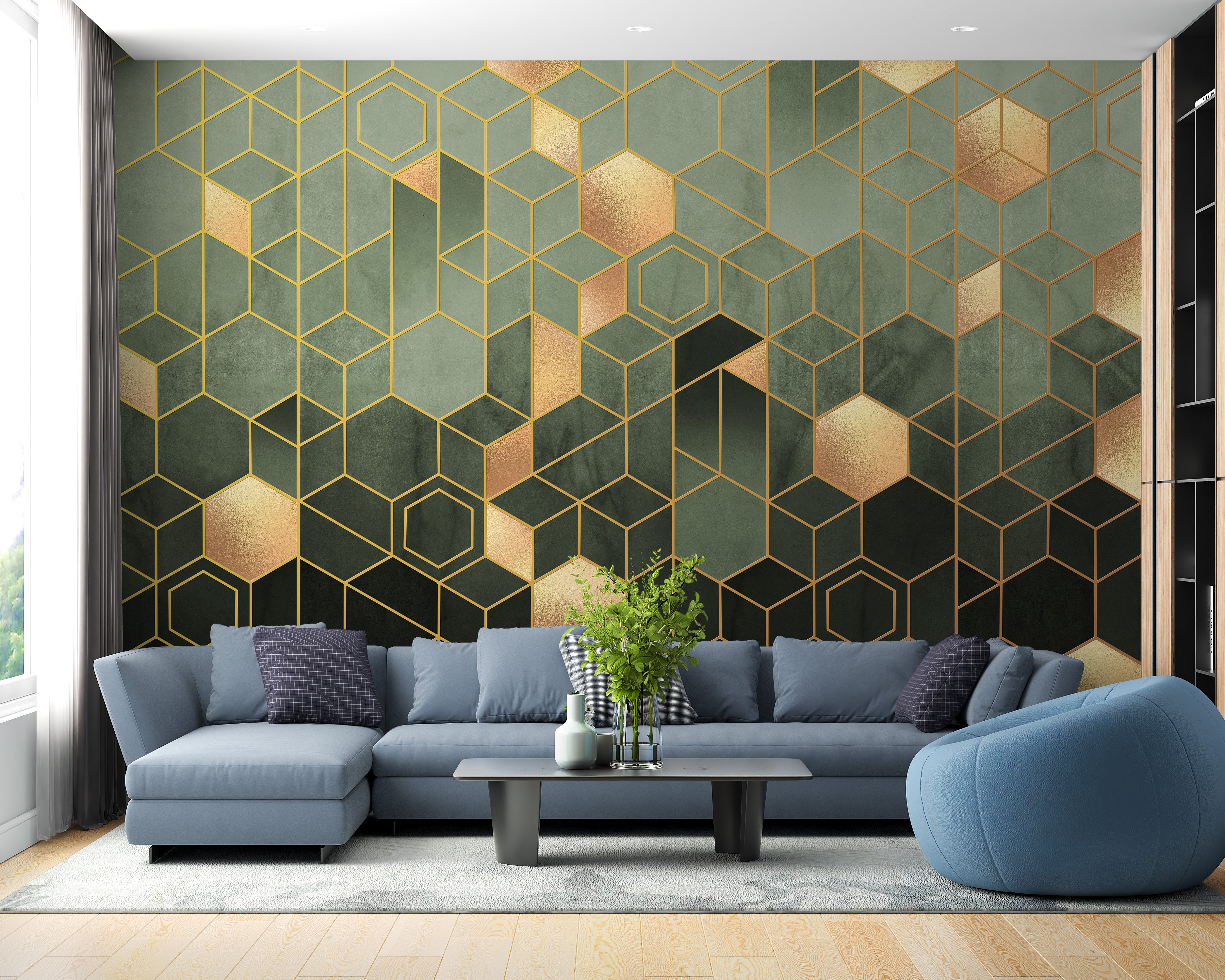 Green geometric hexagonal wallpaper mural design