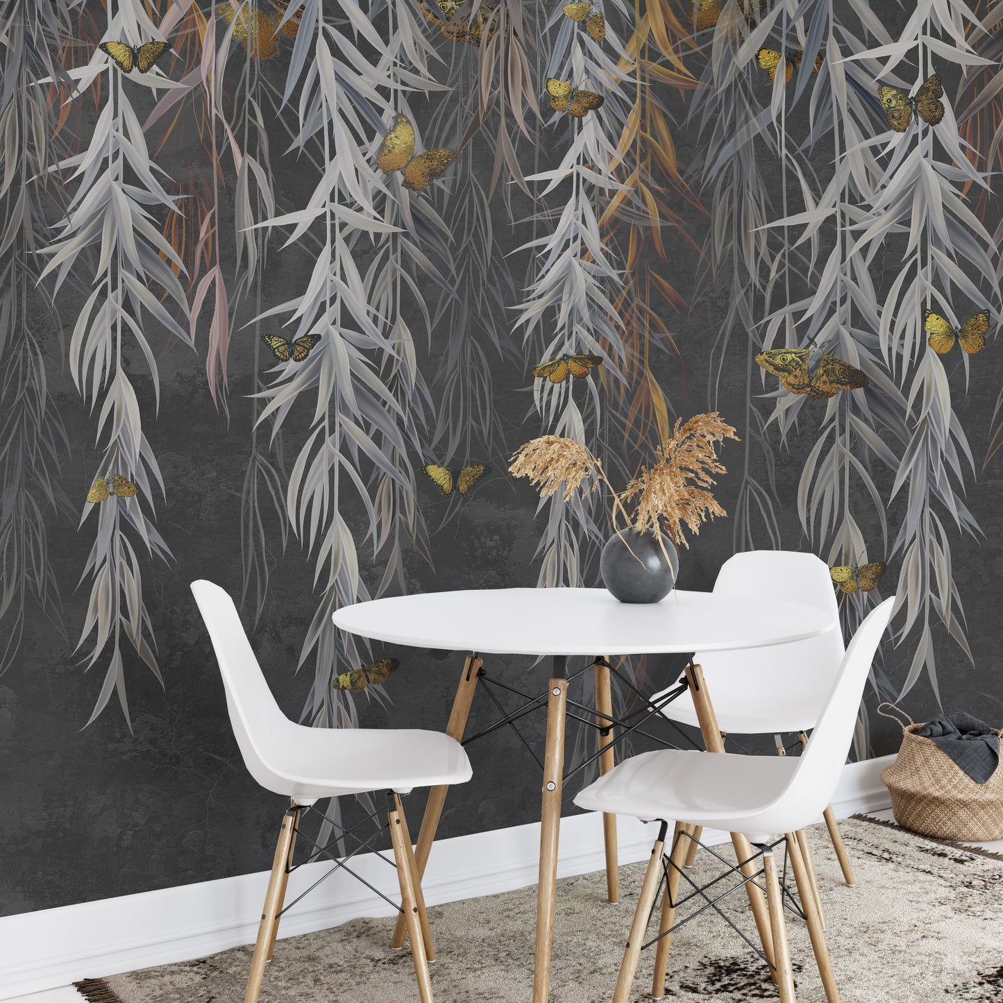 Hanging Willow Leaves and Butterflies Wallpaper Mural