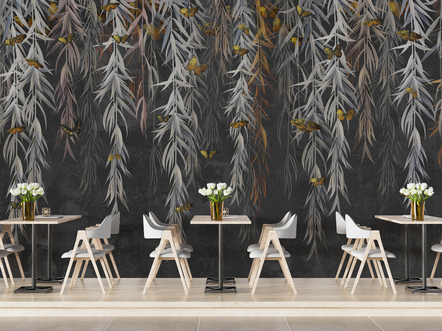 Hanging Willow Leaves and Butterflies Wallpaper Mural