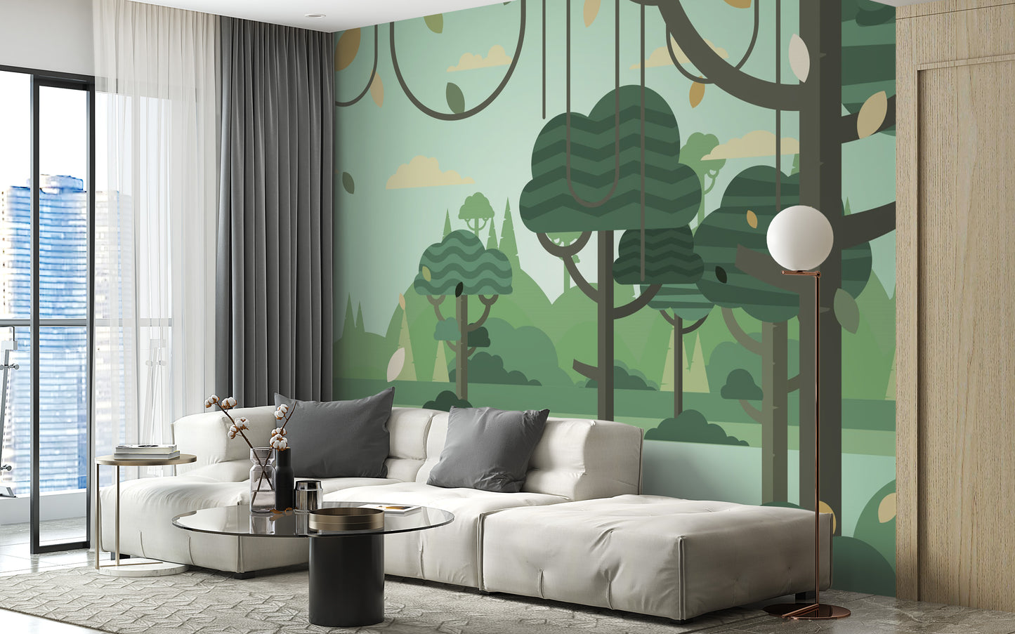 Fun botanical wallpaper in green for kids' rooms
