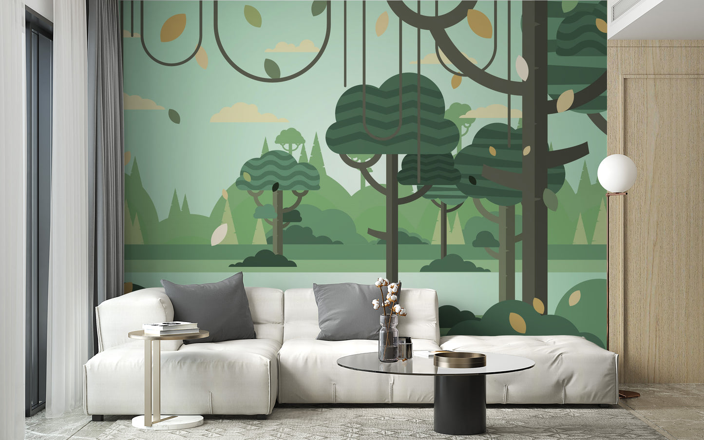 Green Botanical Prints Wall Mural for Kids Room