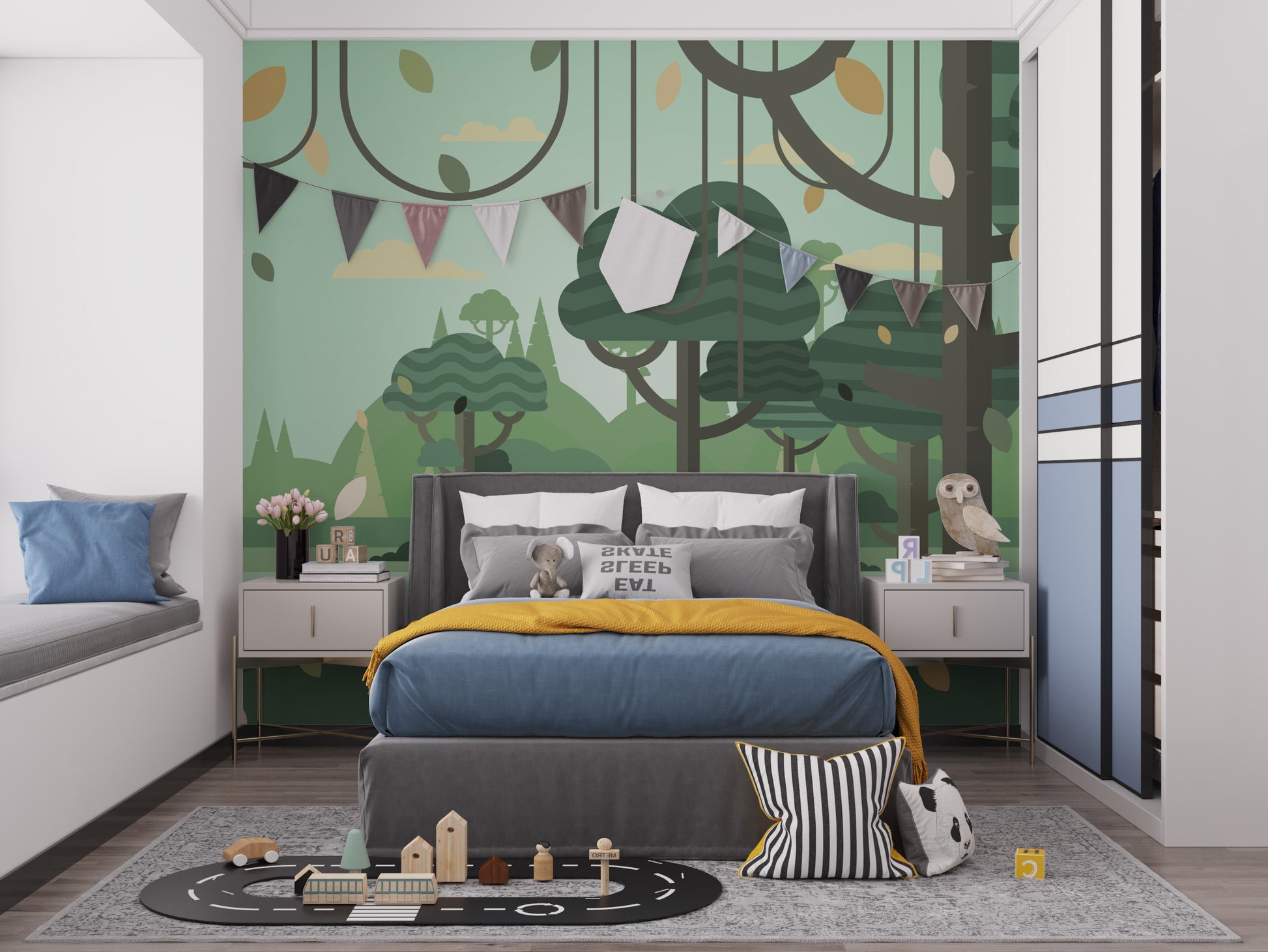 Whimsical botanical mural for children’s decor
