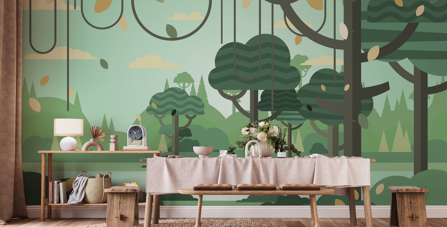 Green botanical-themed wall mural for kids
