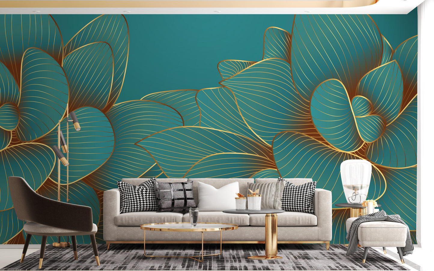 Artistic lotus floral mural in emerald tones
