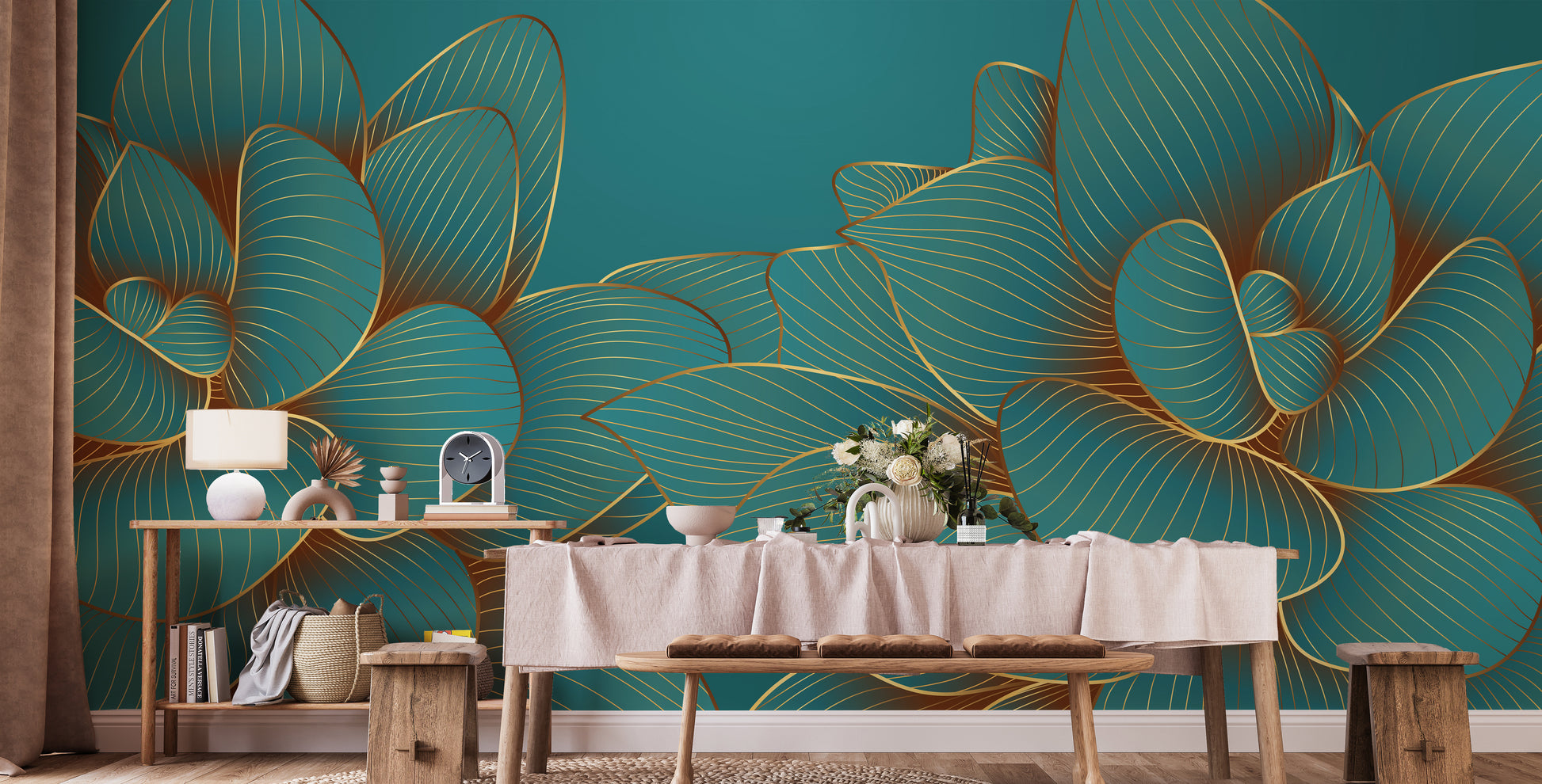 Luxurious lotus wallpaper in gold and green
