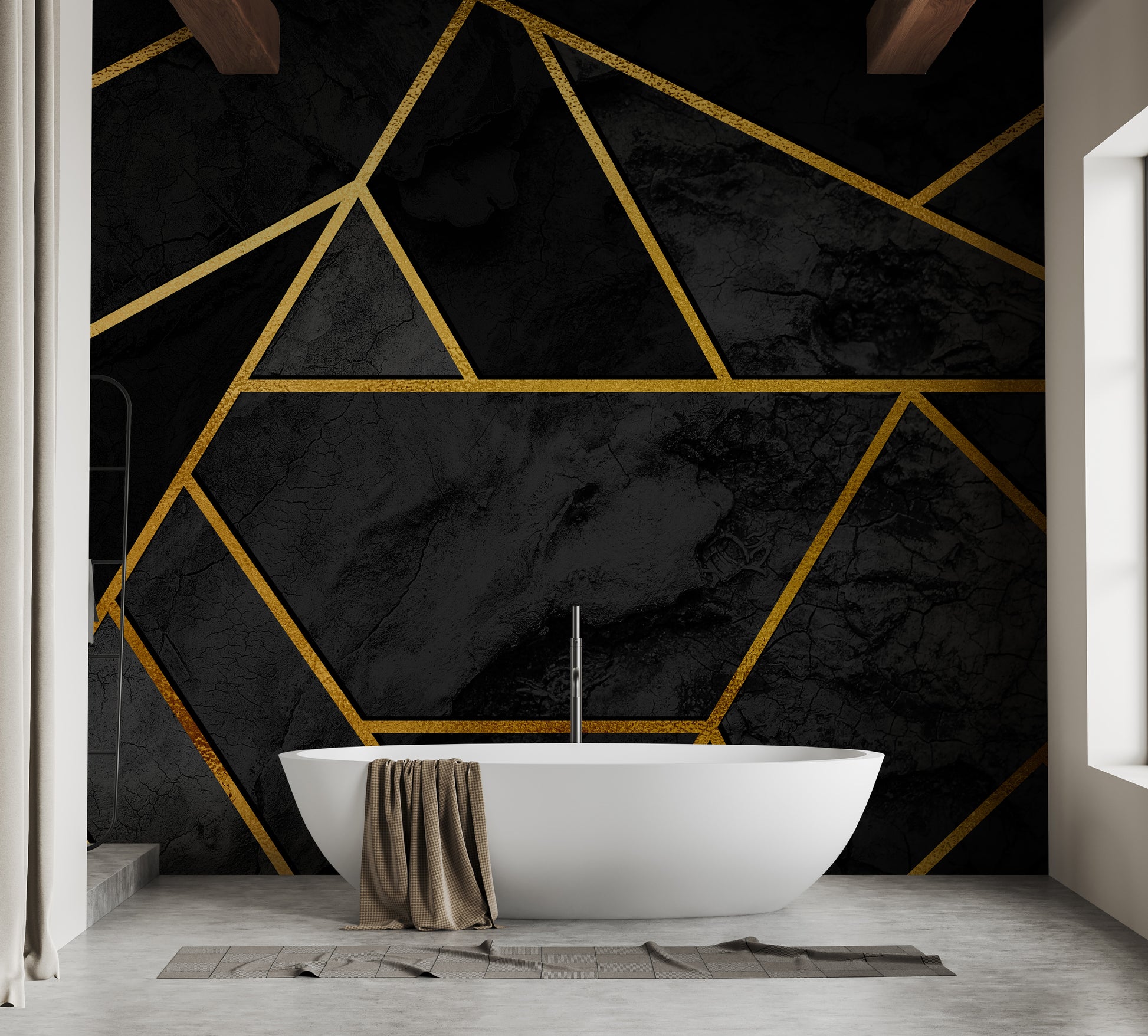 Black and gold mosaic wallpaper with depth
