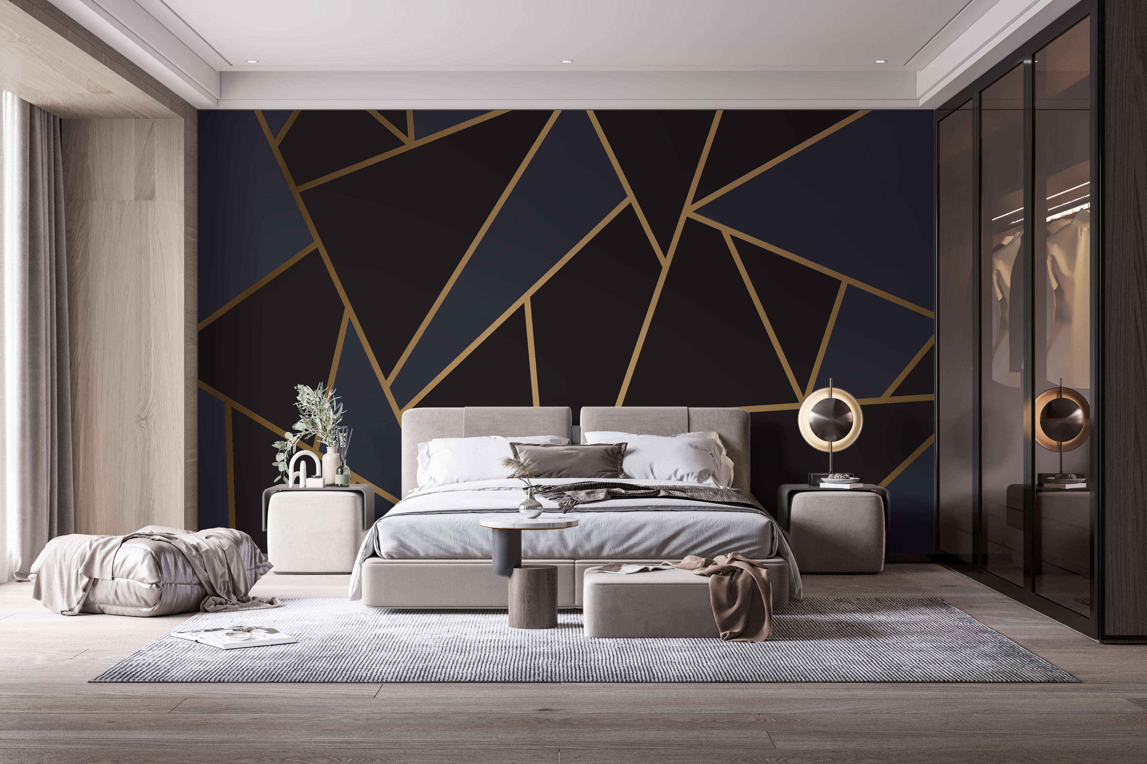 Sophisticated blue and gold mosaic wallpaper style
