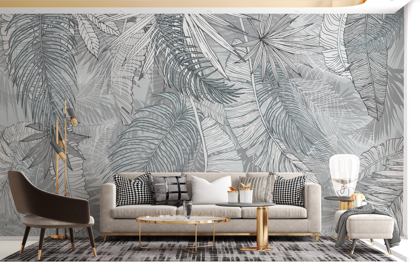 Grey & White Charcoal Leafy Illustrated Wallpaper Murals