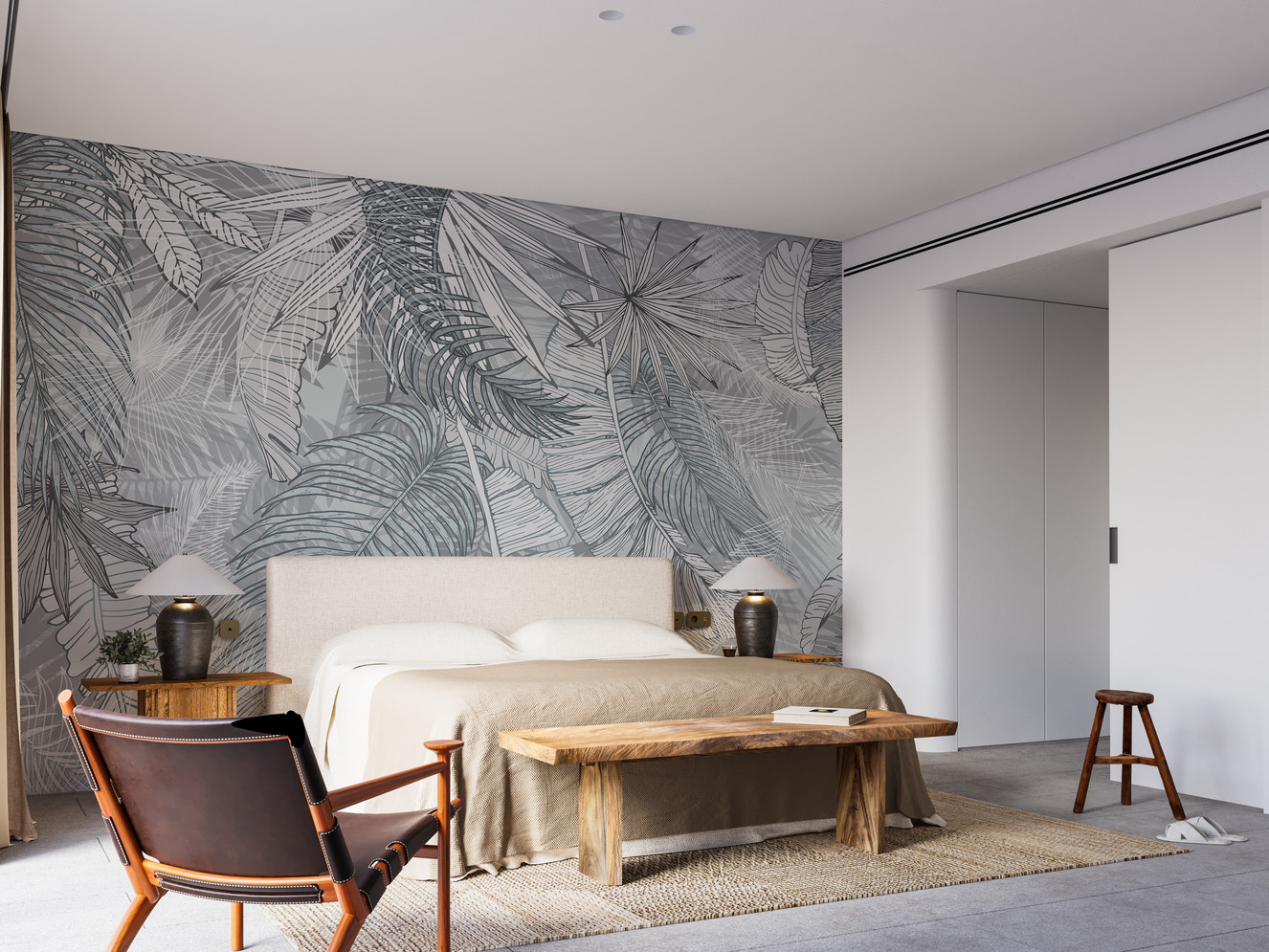 Charcoal leafy wallpaper in grey and white
