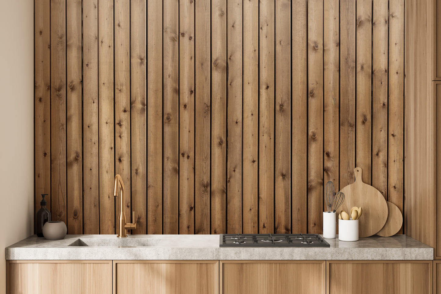 Natural wood stripe mural with warm tones