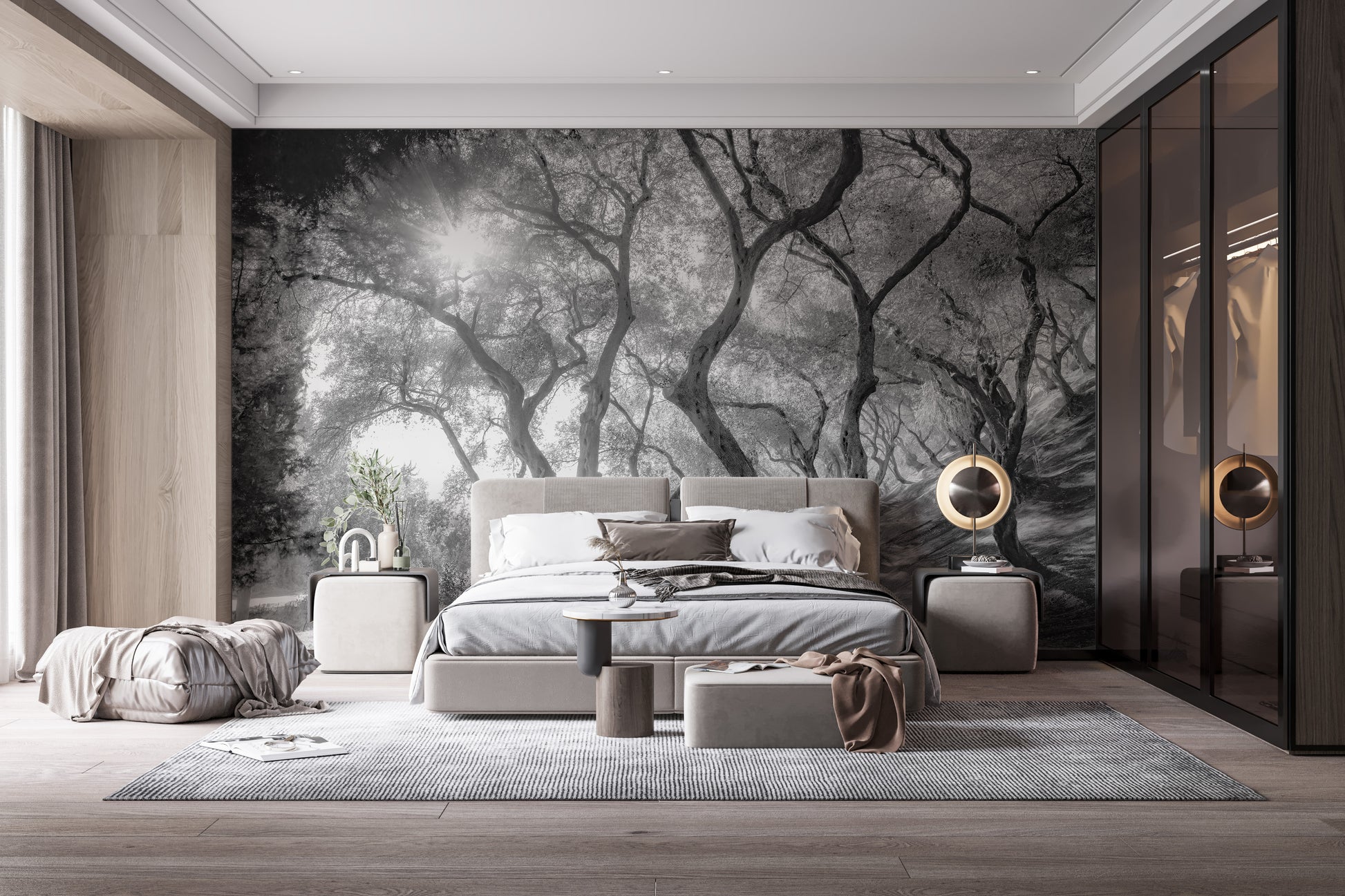 Black-and-white forest mural with olive trees