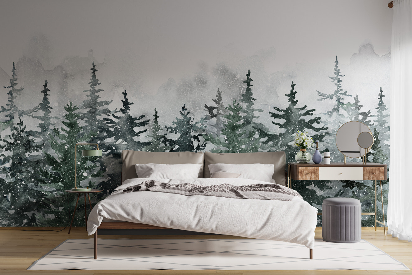 Serene misty pine forest winter mural
