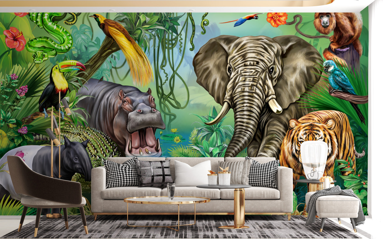 Lush green forest mural with wildlife for kids
