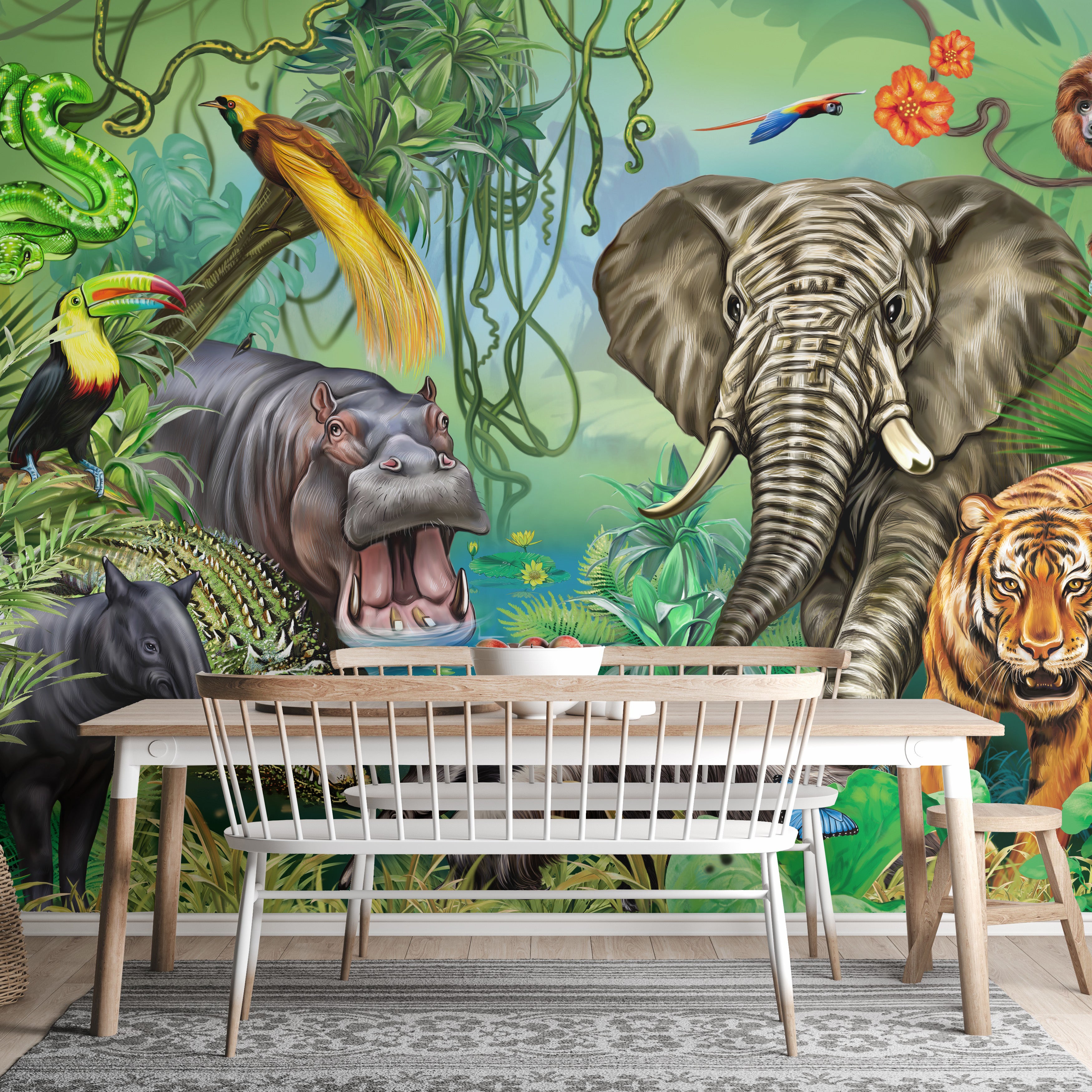 Playful wildlife mural in a green forest setting
