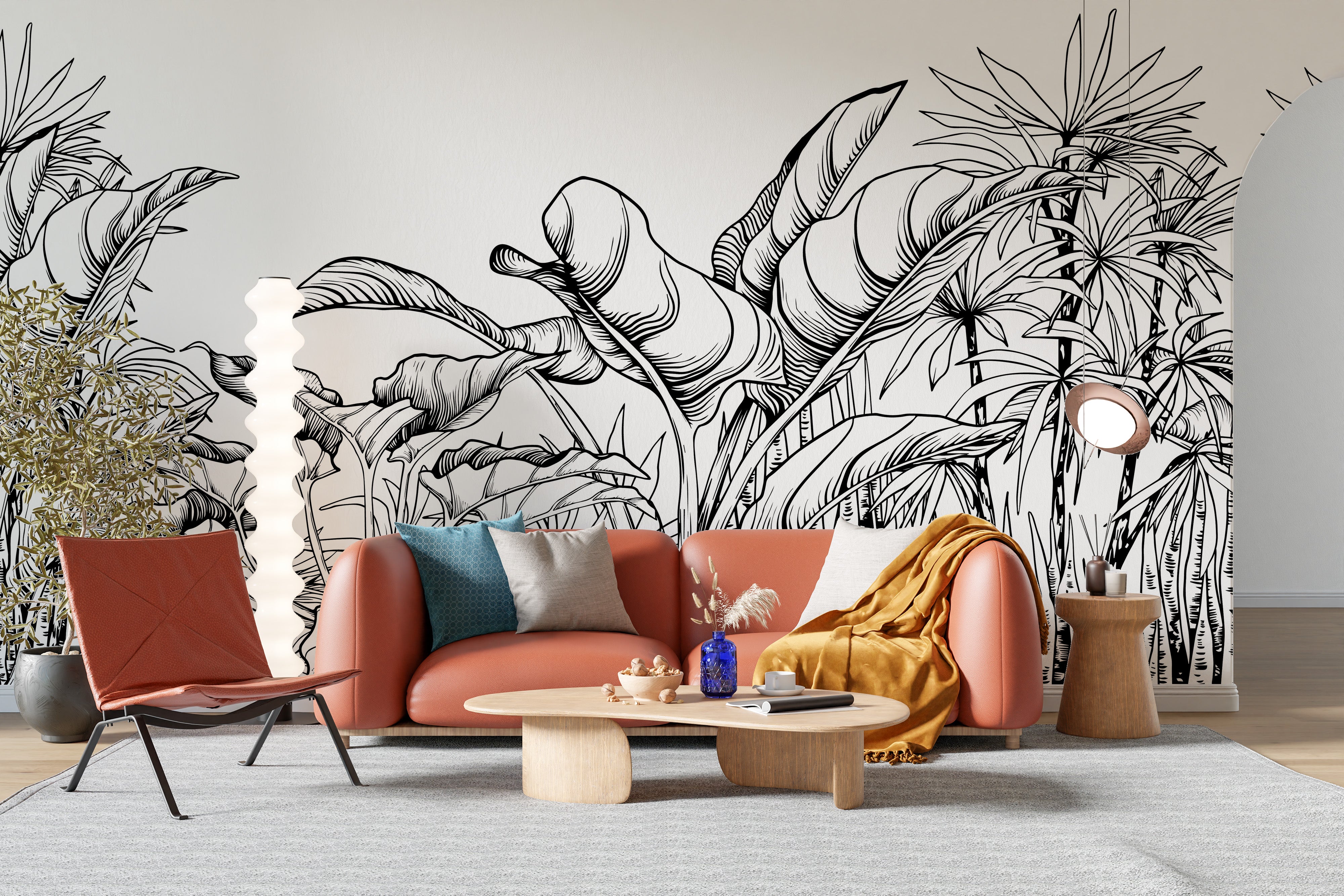 Bold tropical leaves mural in black and white
