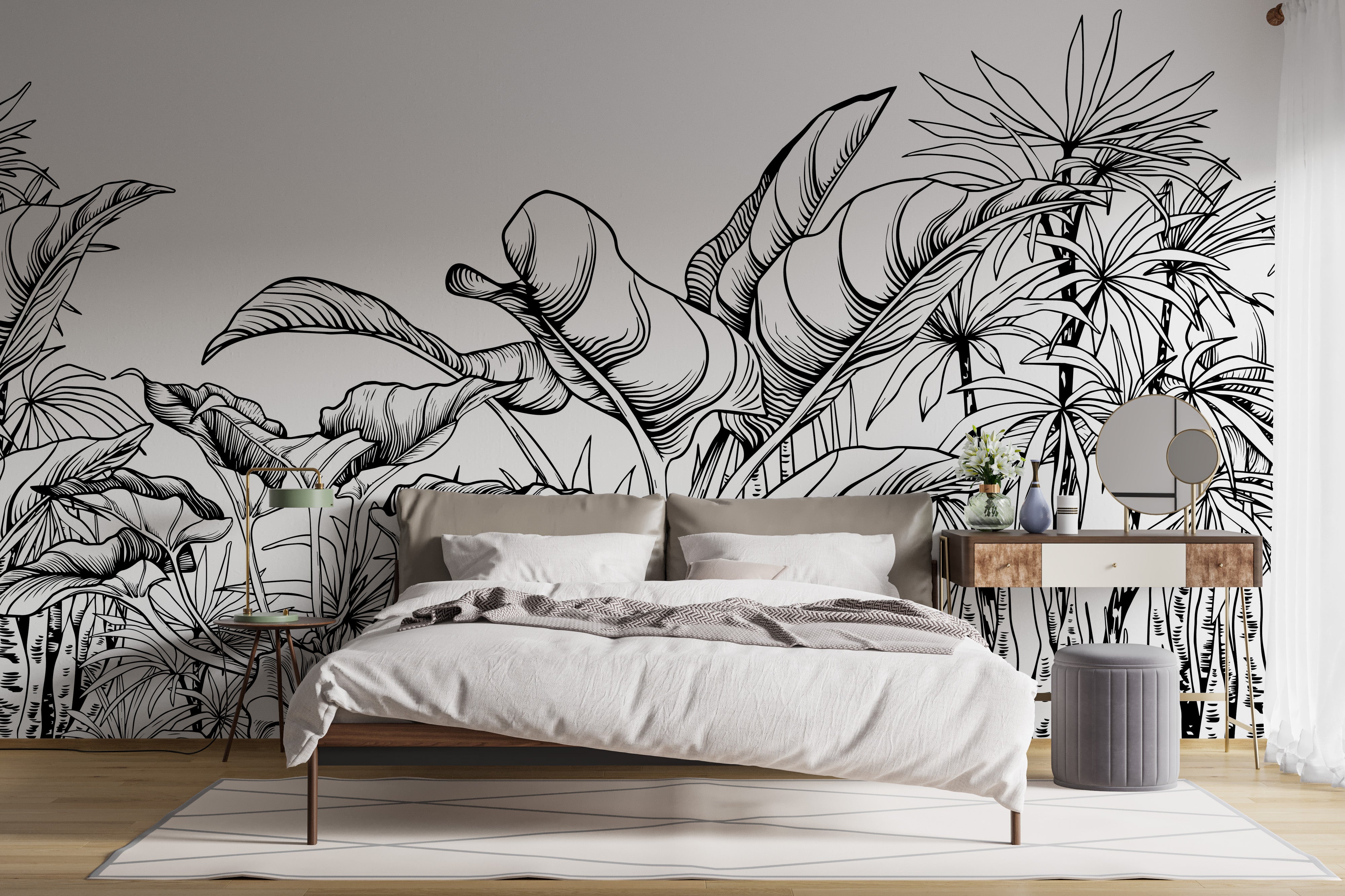 Modern monochrome wallpaper with tropical charm
