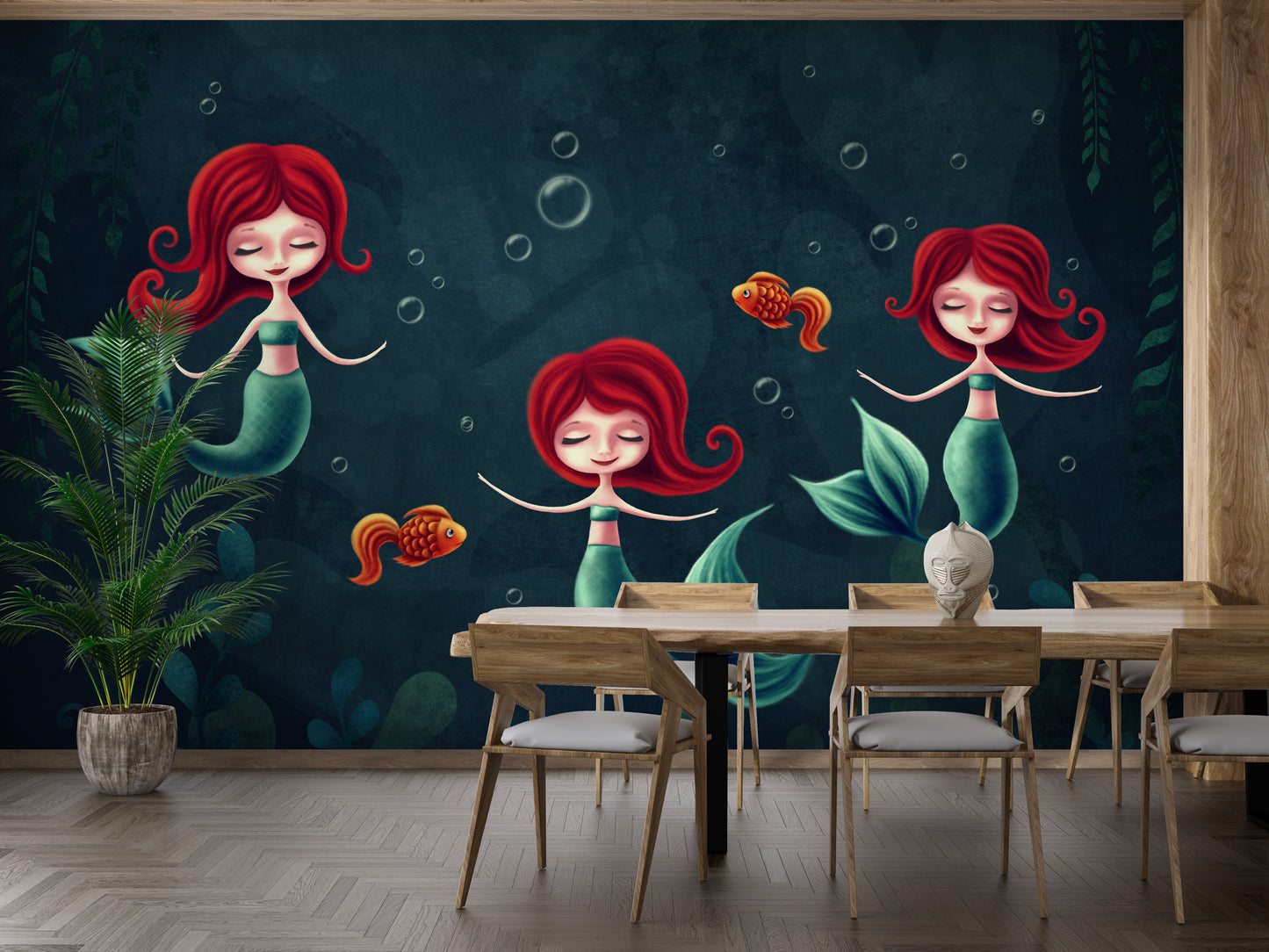 Underwater mermaids wallpaper mural featuring three characters