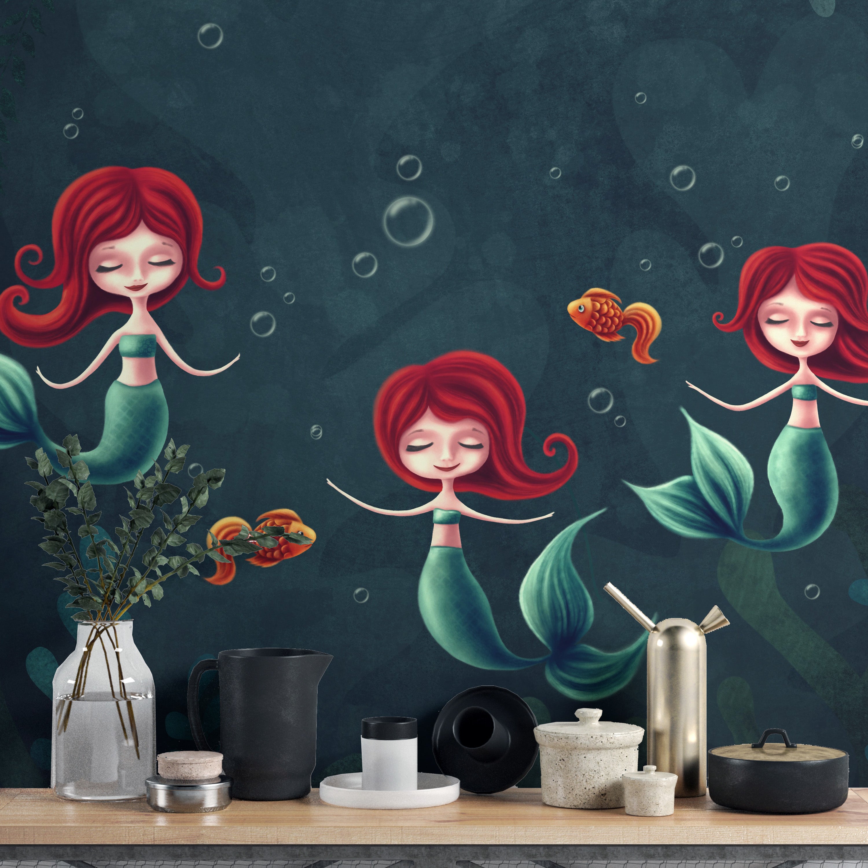 Three mermaids swimming underwater wallpaper mural design