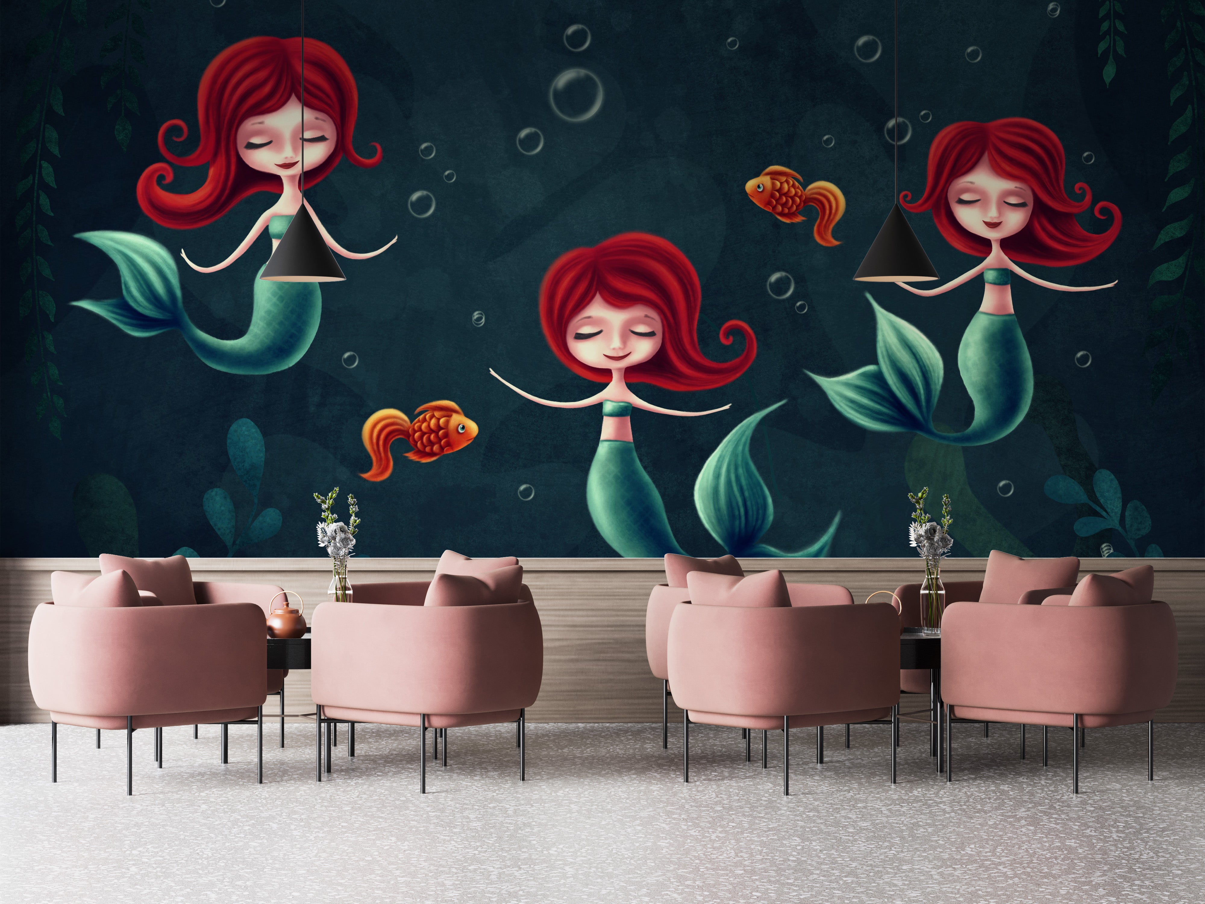 Whimsical three mermaids wallpaper mural for walls