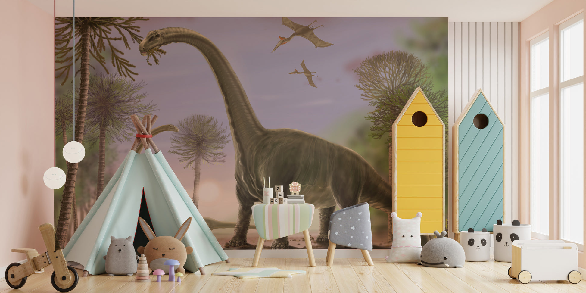 Playful animated dinosaur mural for walls