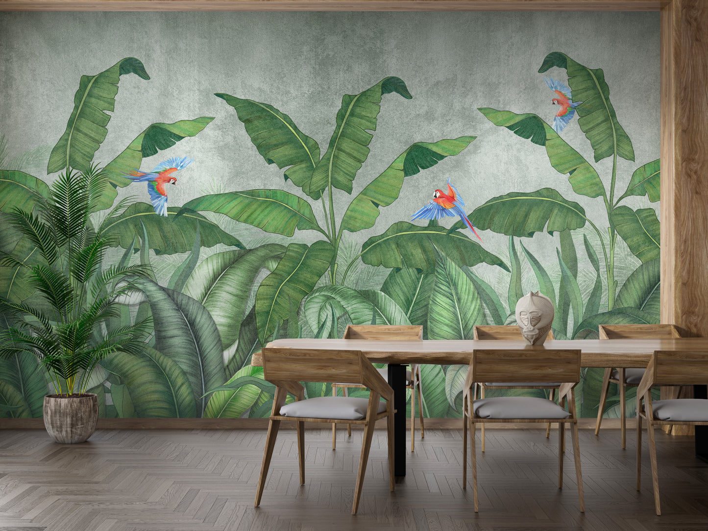 Green Plantains & Parrots Wallpaper Mural