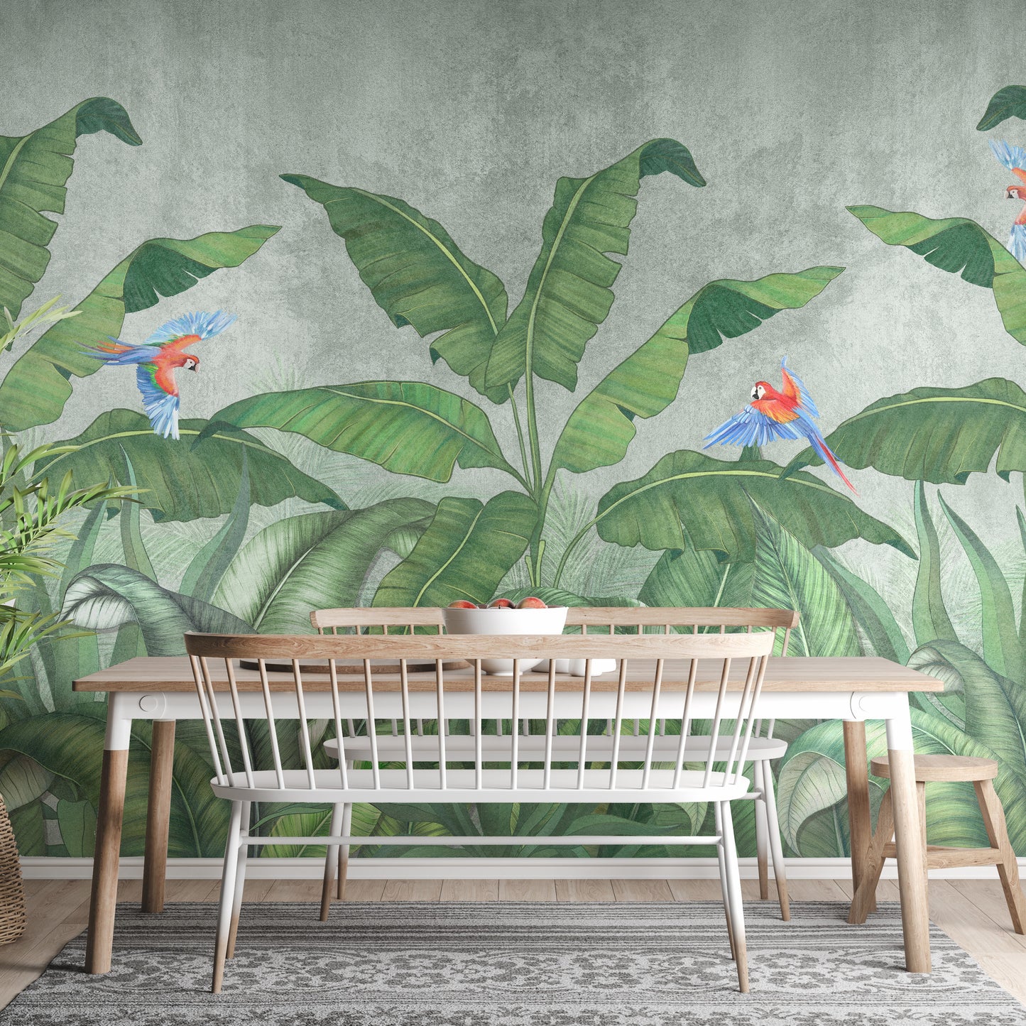 Green Plantains & Parrots Wallpaper Mural