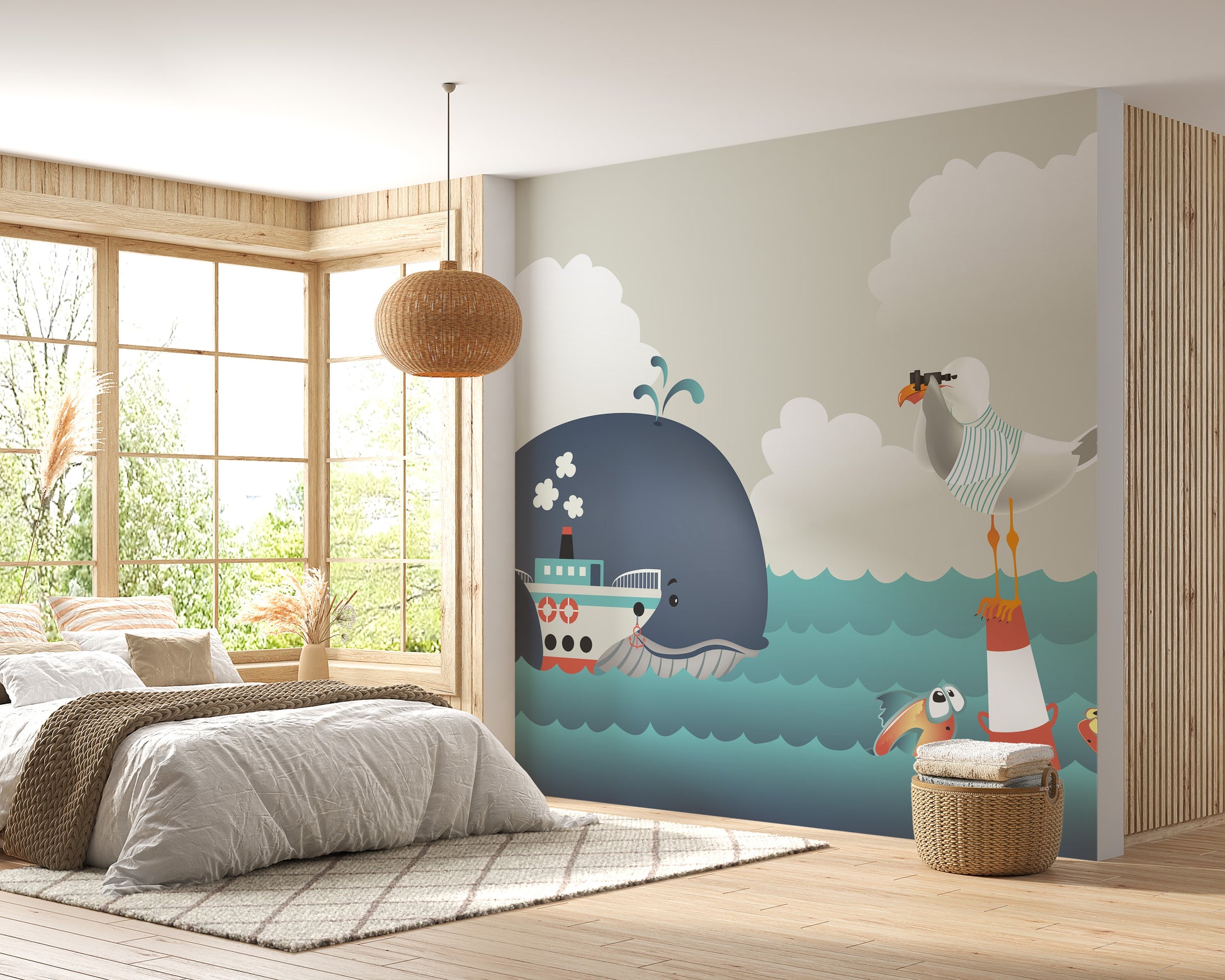 Whale and steamer wallpaper mural for rooms