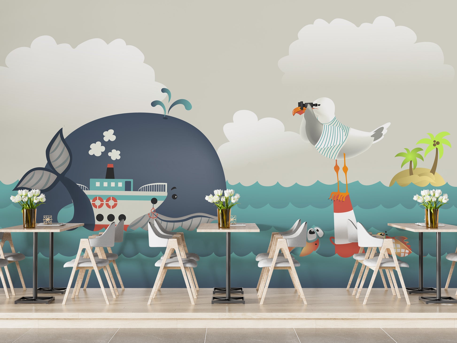 Whimsical whale and steamer mural for kids' interiors