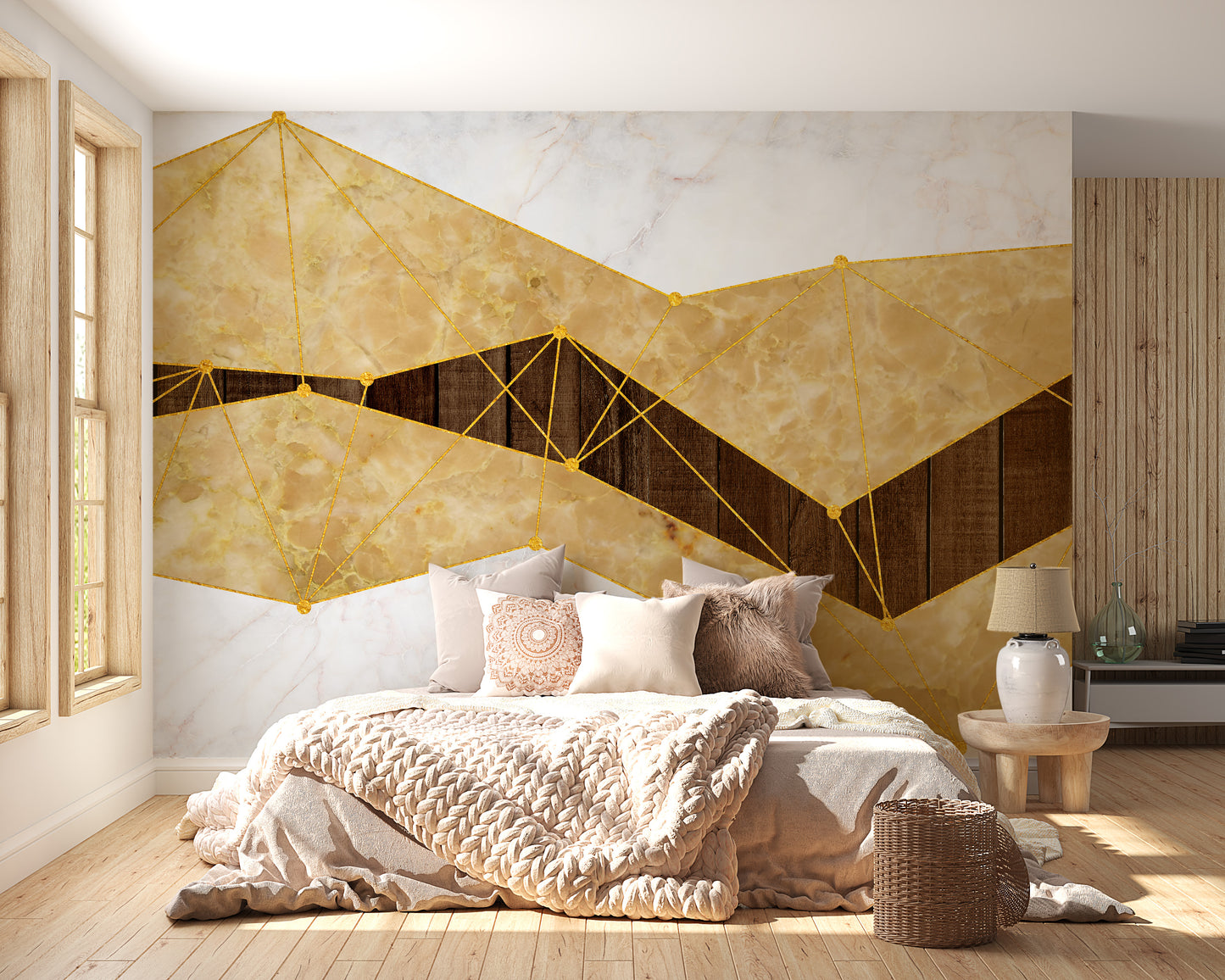 Sophisticated gold marble and wood wallpaper mural