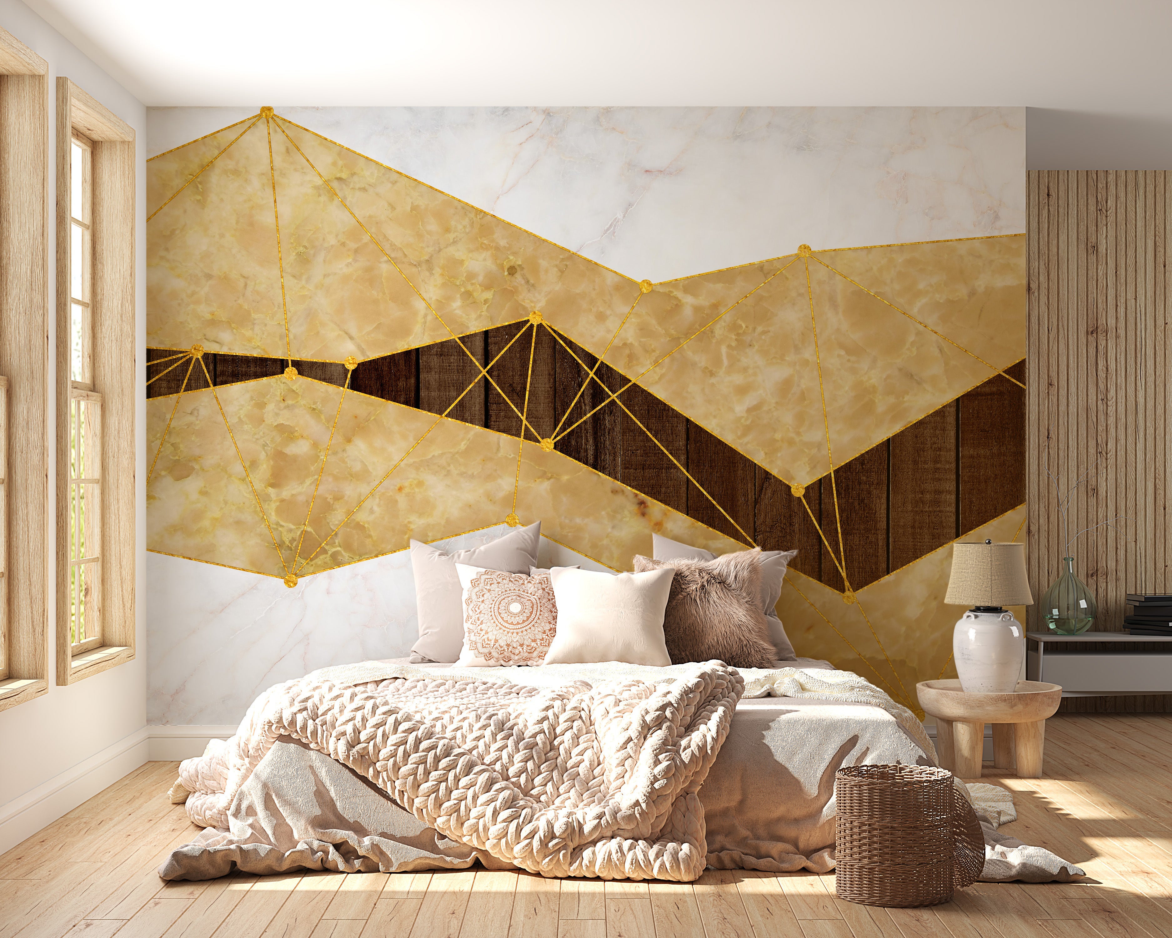 Sophisticated gold marble and wood wallpaper mural