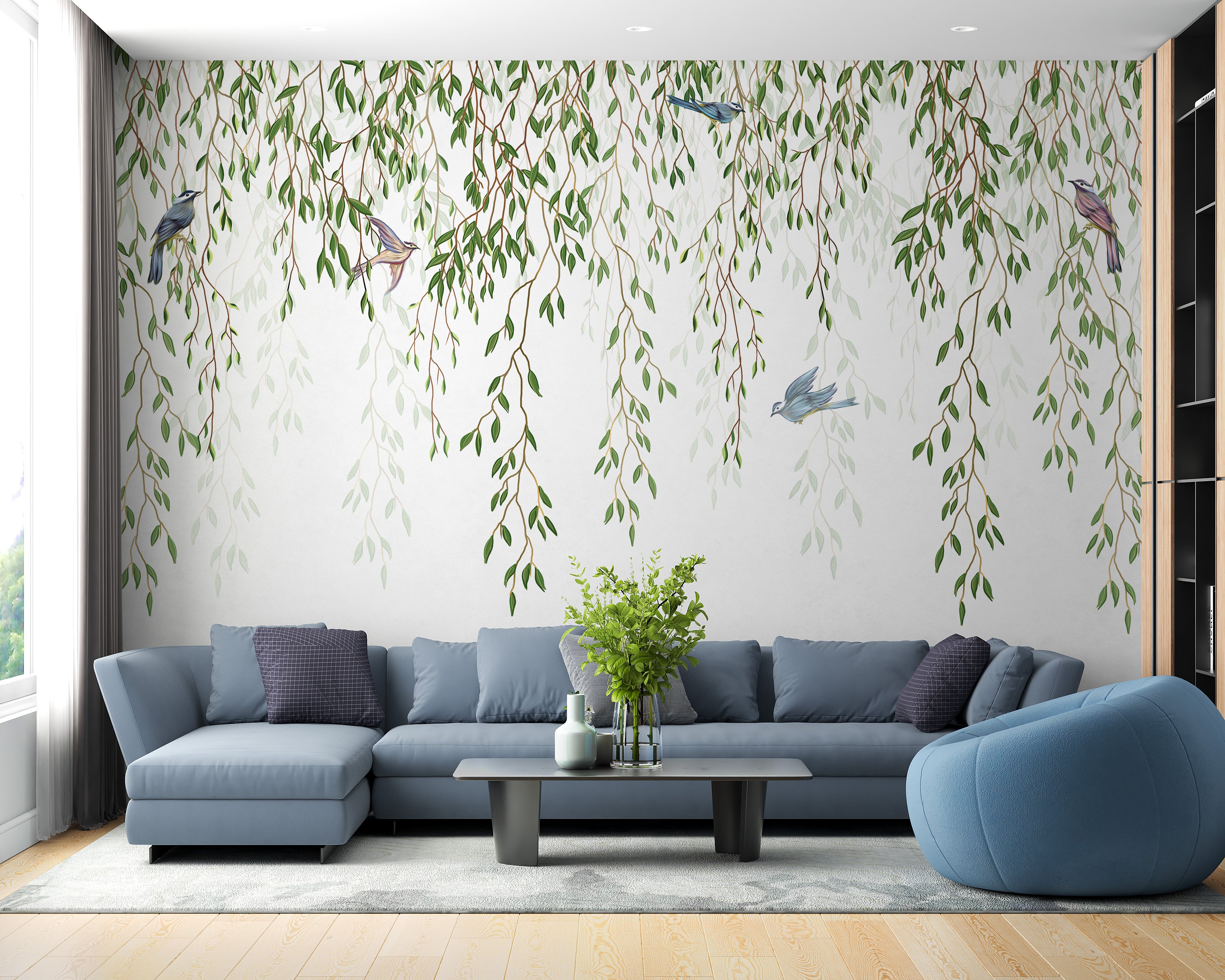 Willow branches and birds wallpaper mural for walls