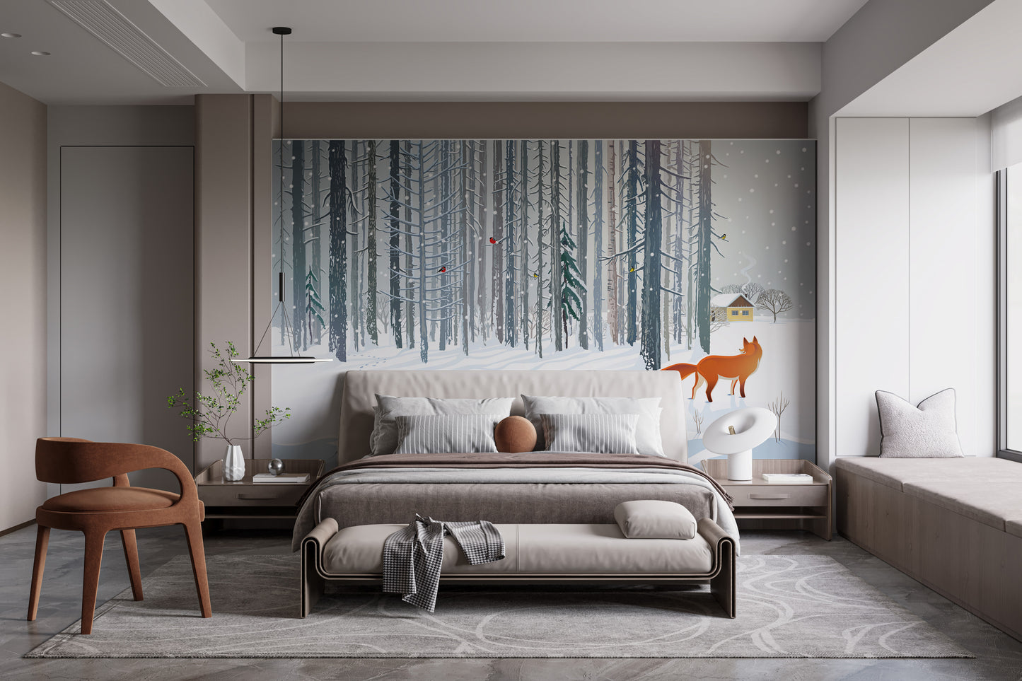 Winter forest fox wallpaper mural for rooms