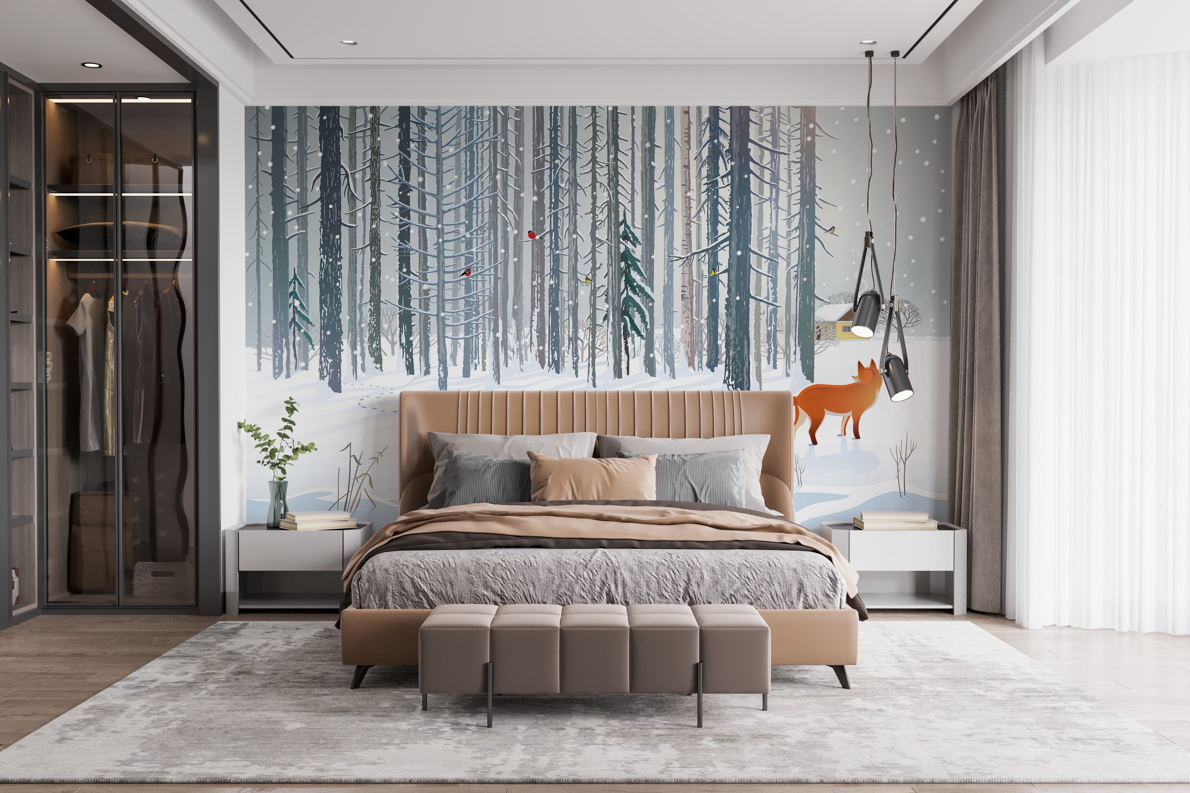 Peaceful winter forest fox mural for living rooms