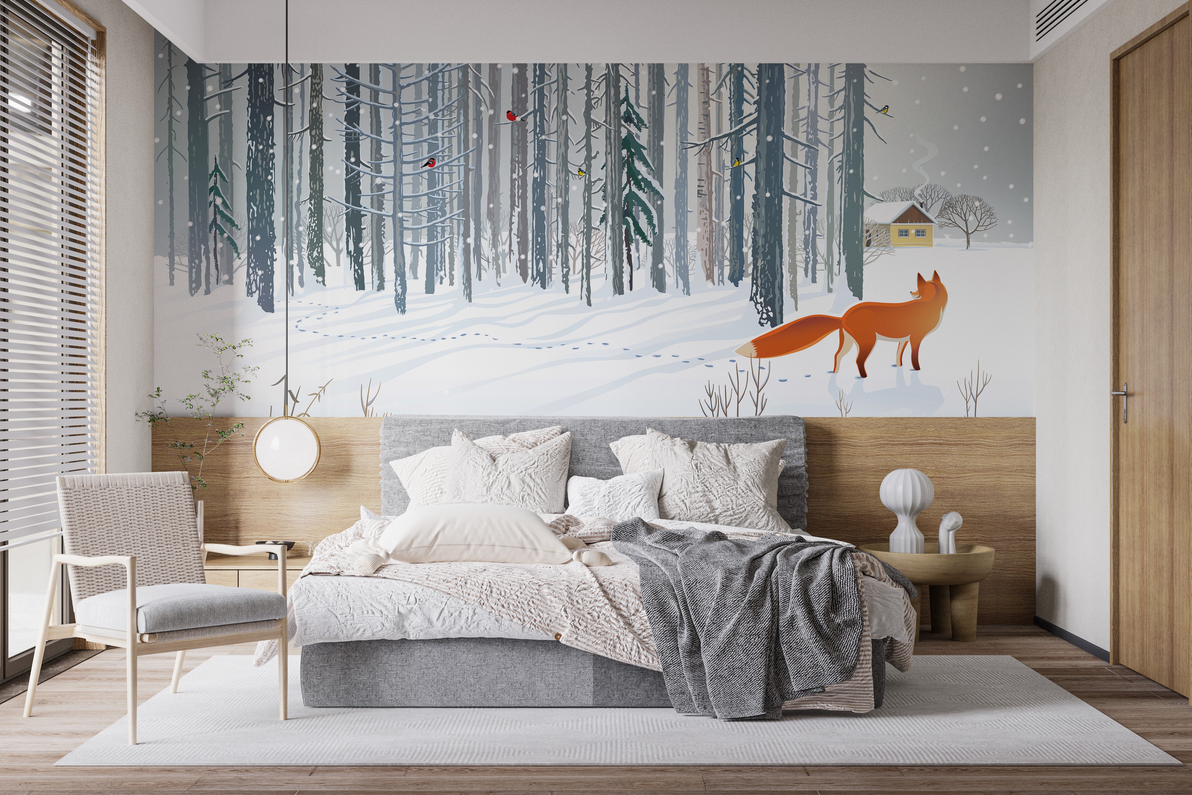 Beautiful winter forest with fox wallpaper mural