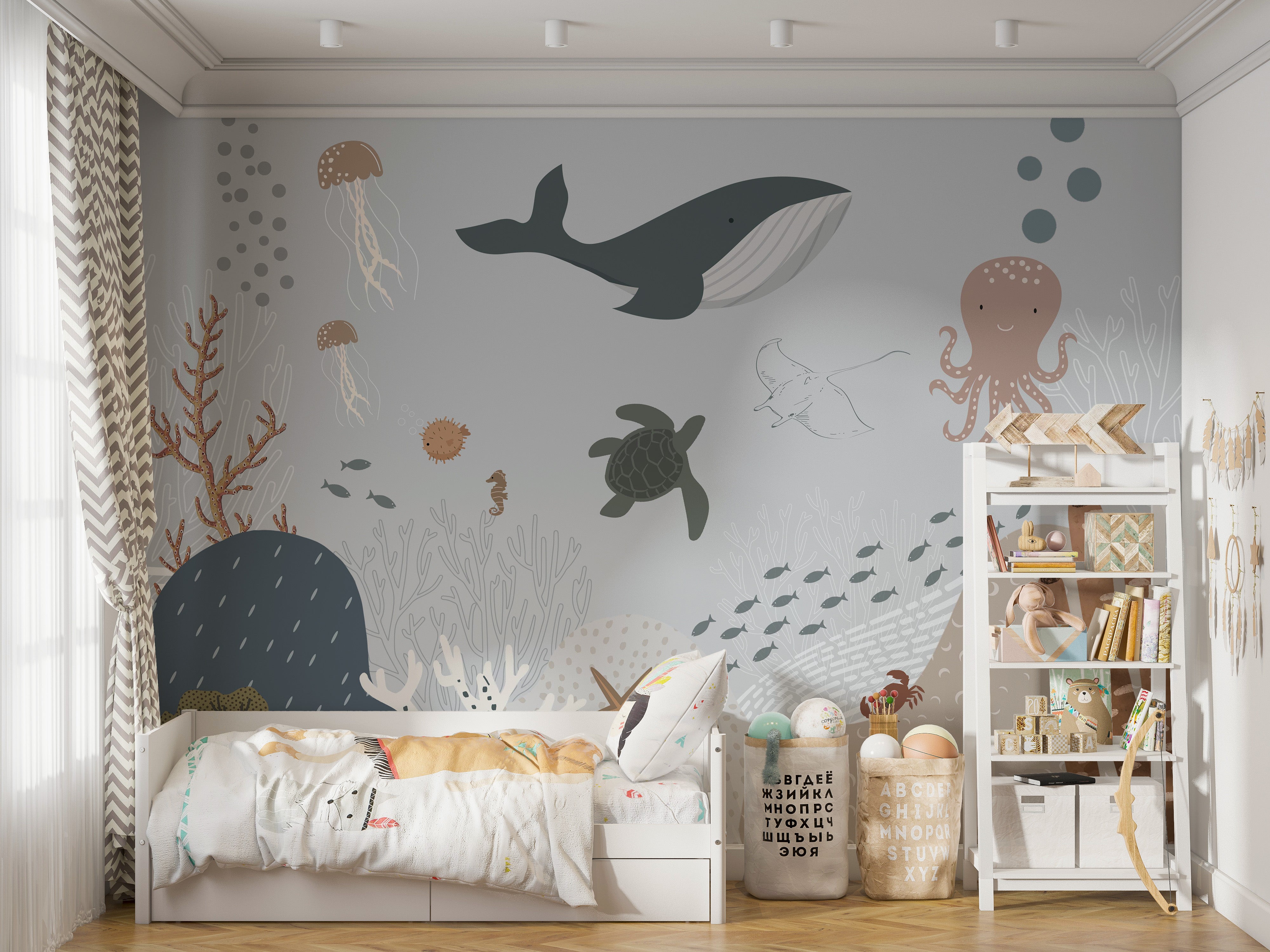 Majestic whale mural with ocean waves for walls.
