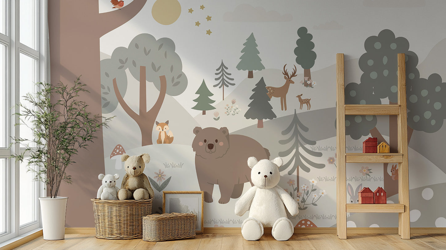 Frosty woodland landscape for a cozy kids' space.




