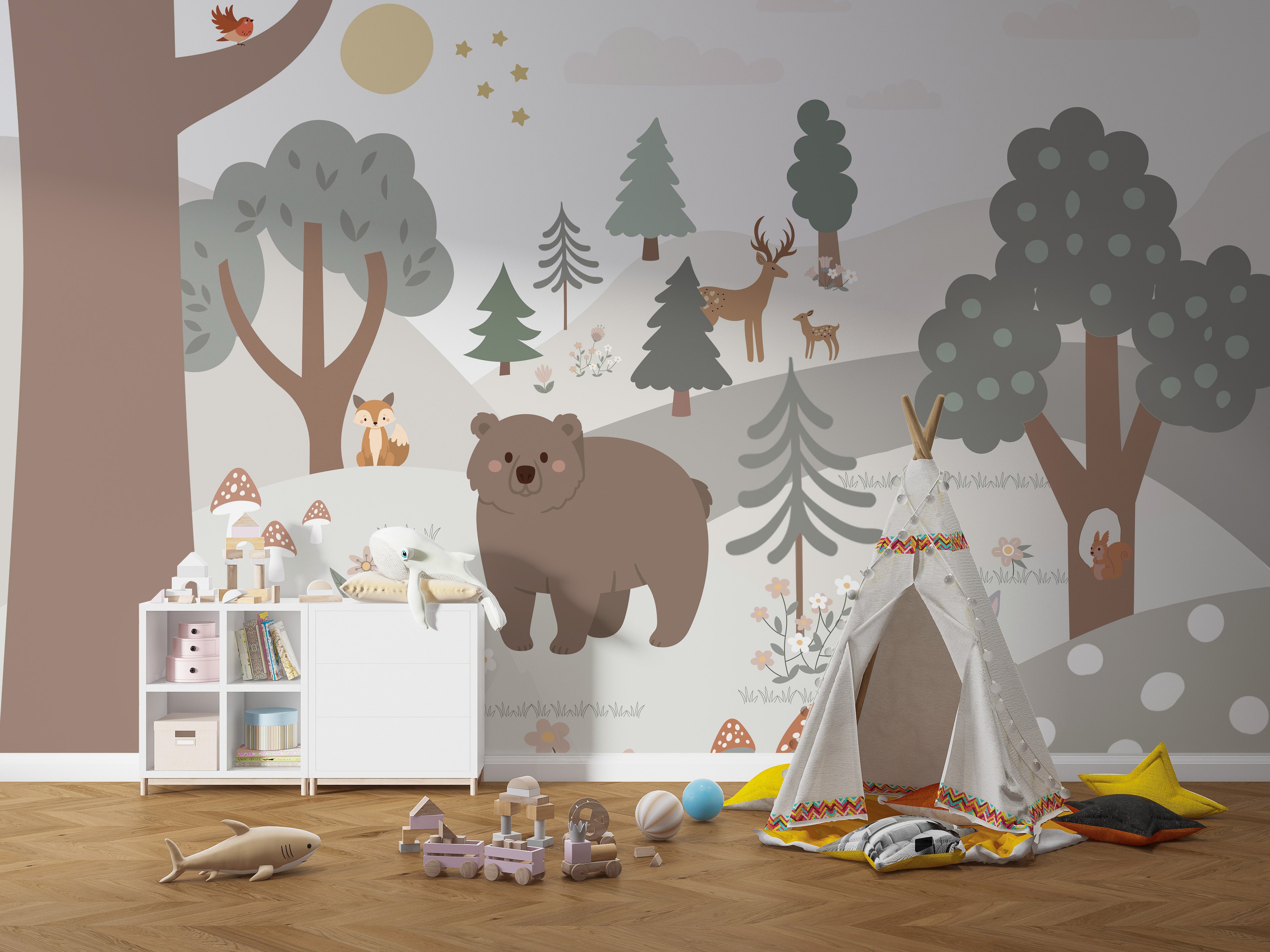 Magical snowy forest mural for children's rooms.
