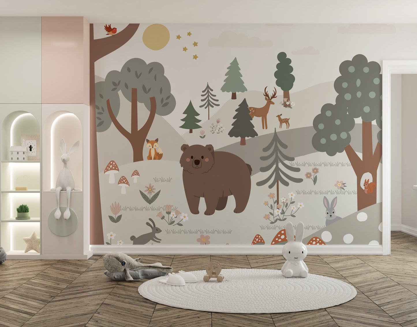 Enchanted snow forest mural for kids' room walls.
