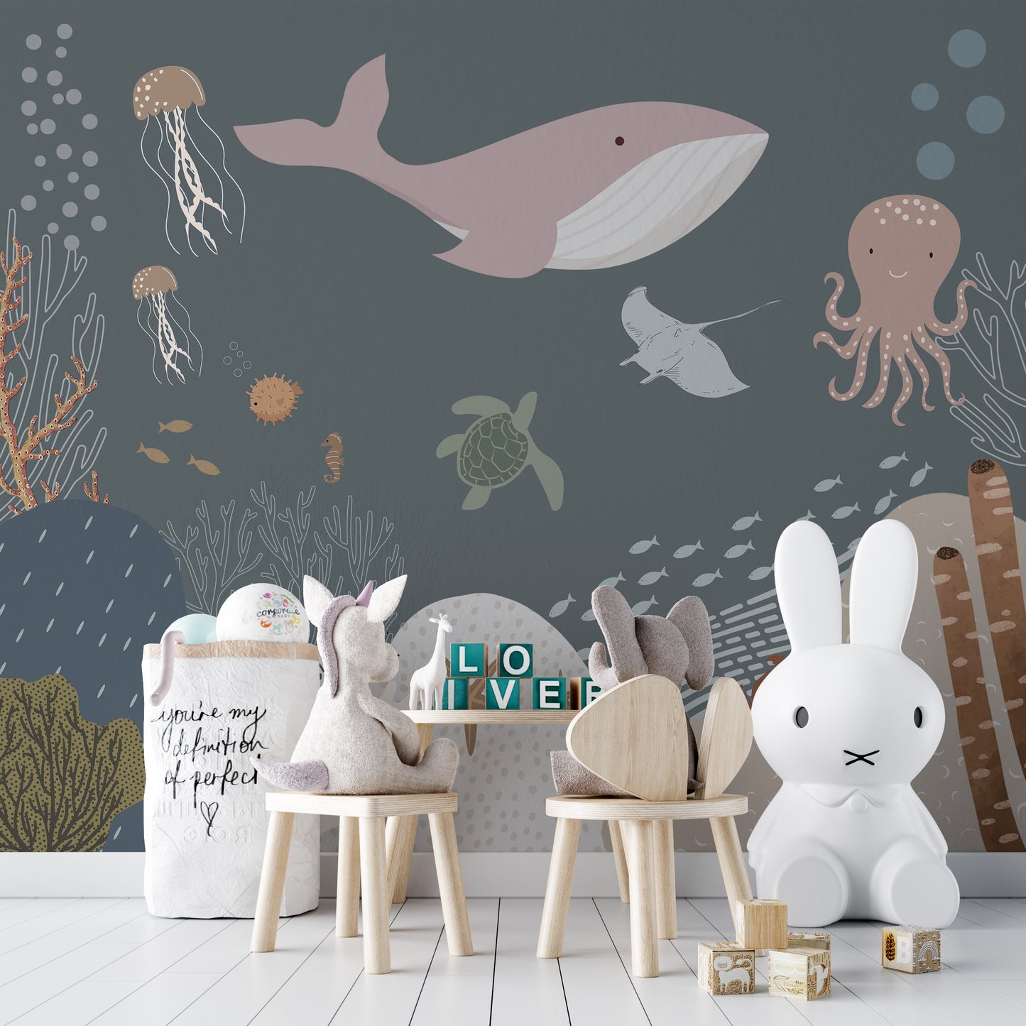 Colorful fish and sea creatures in aqua wallpaper.
