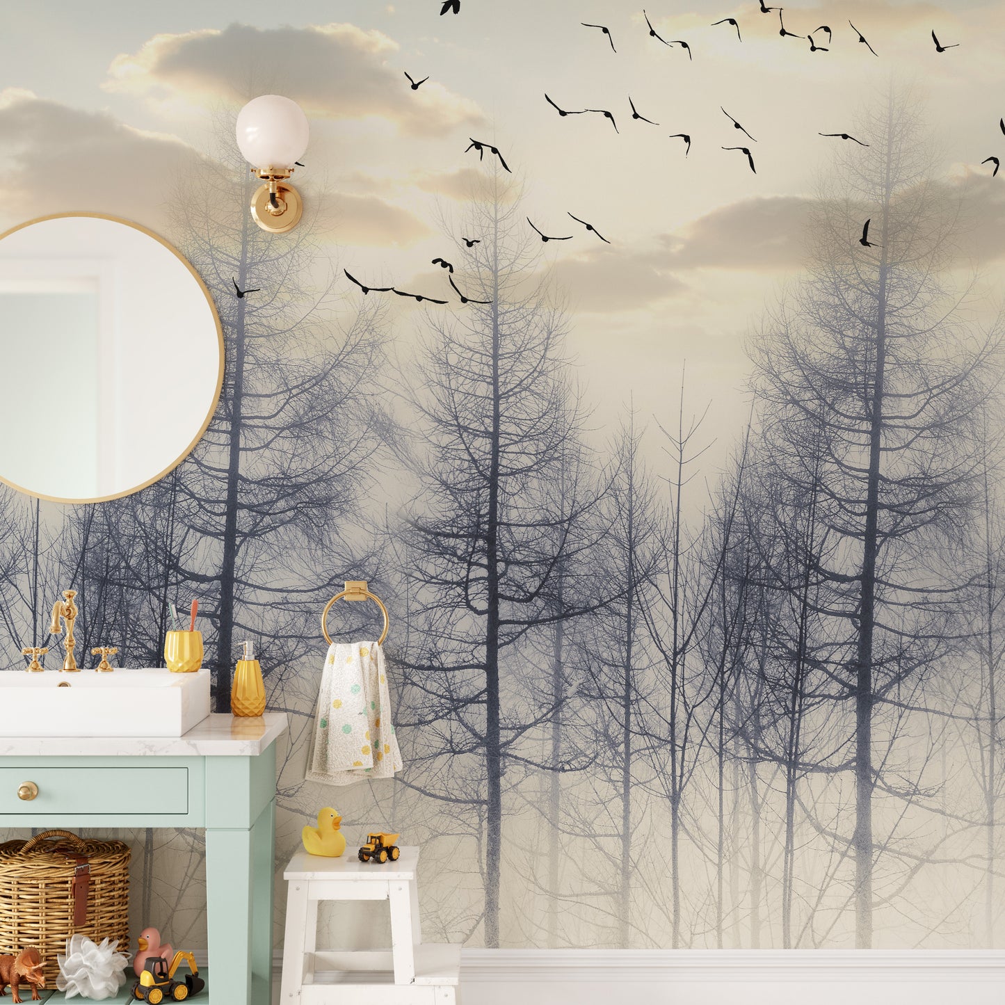 Eerie Foggy Forest Spooky Tree Halloween Wallpaper Mural