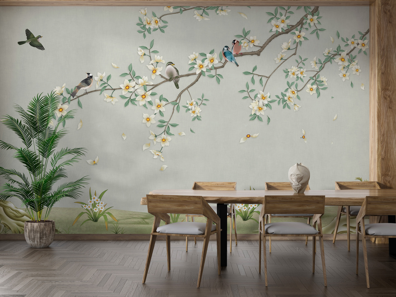 Birds on Branch Green Color Wallpaper for dining rooms