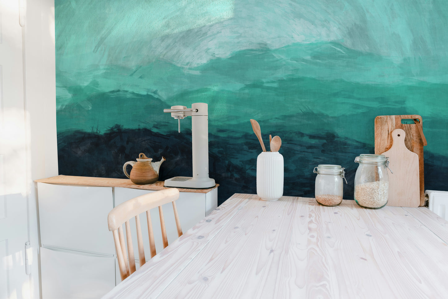 Kitchen Style with Watercolor Mountain Wallpaper
