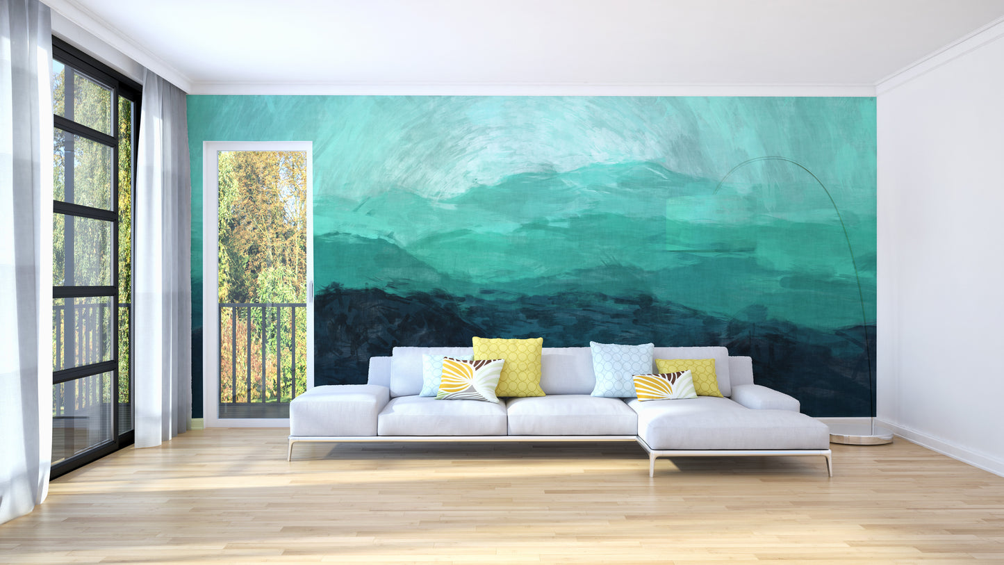 Sea Green Watercolor Mountain Ranges Wallpaper Murals - Giffywalls