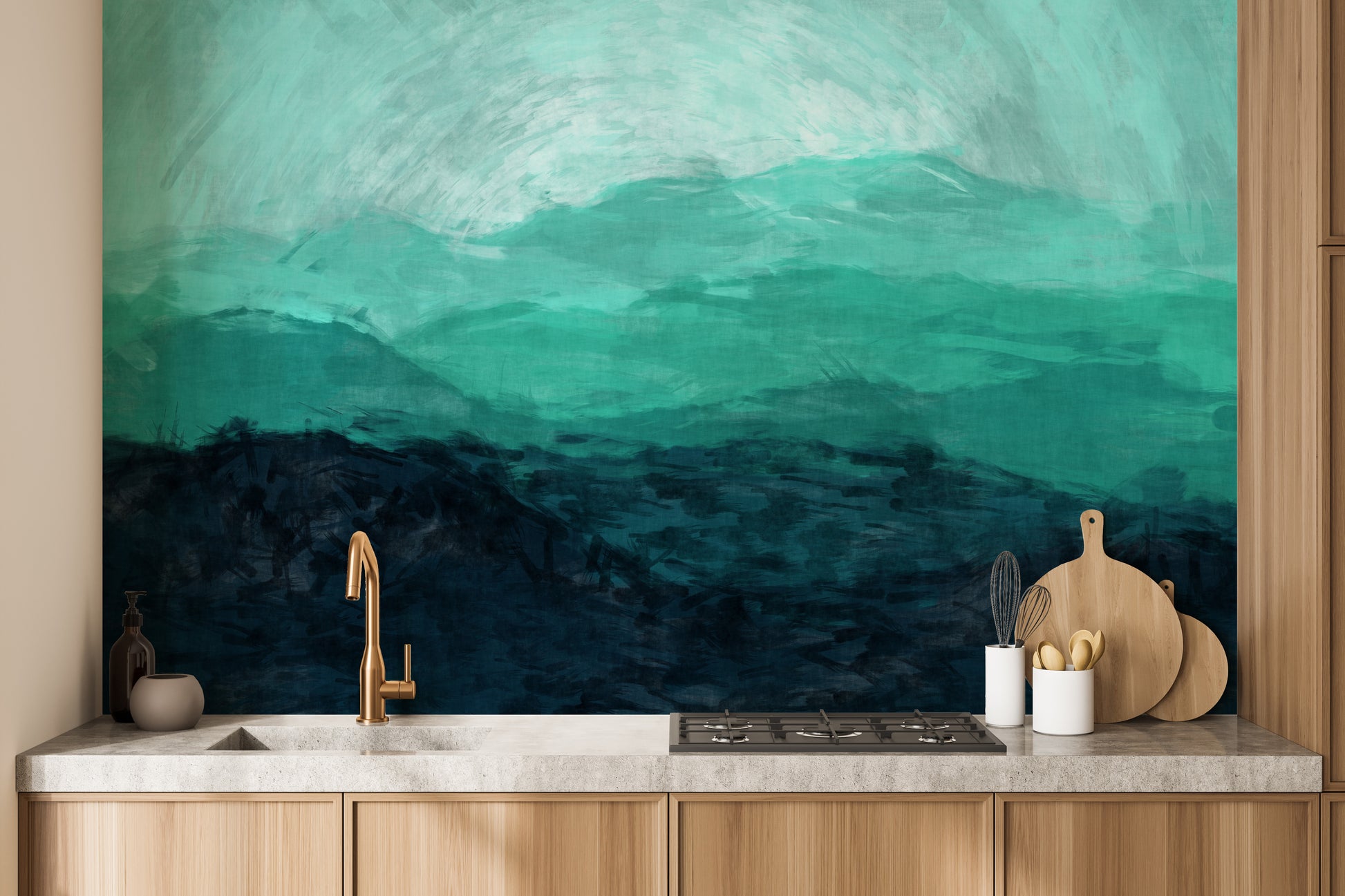 Kitchen Sophistication with Mountain Wallpaper Scene