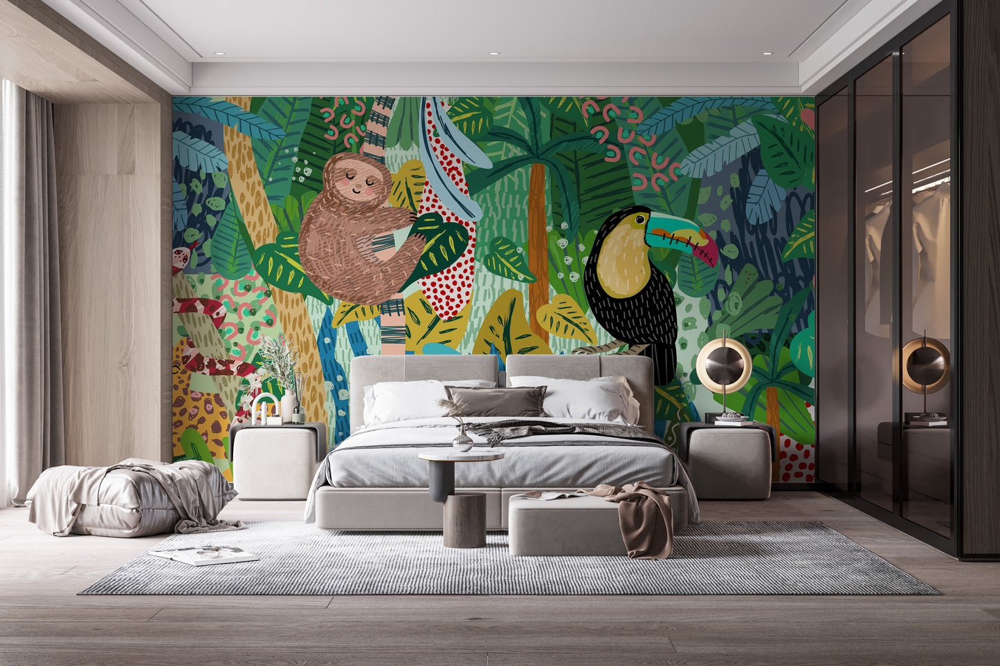 Monkey & Toucan with Leopard Abstract design Wallpaper Murals