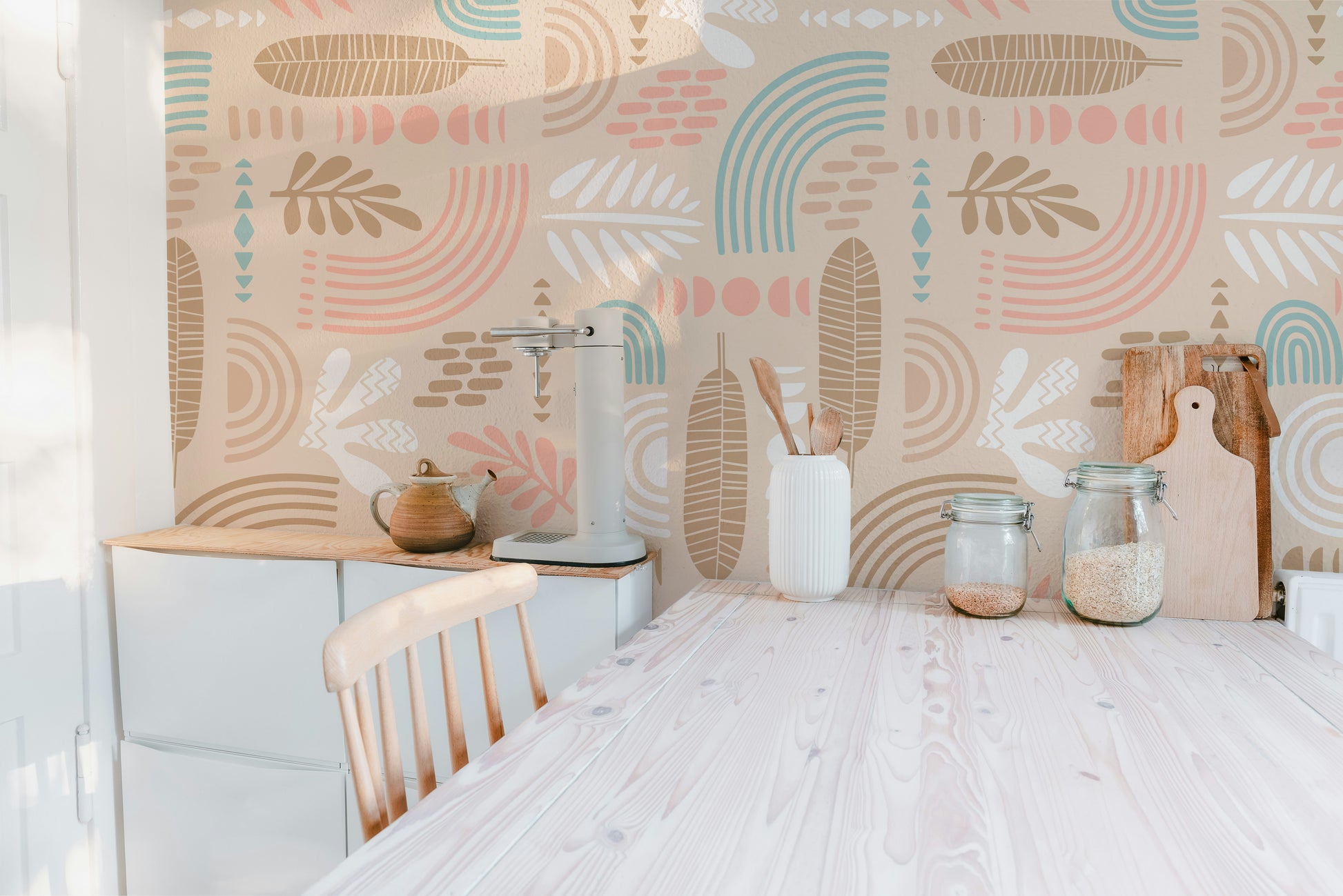 Kitchen Refresh with Beige Leaf Wallpaper Mural