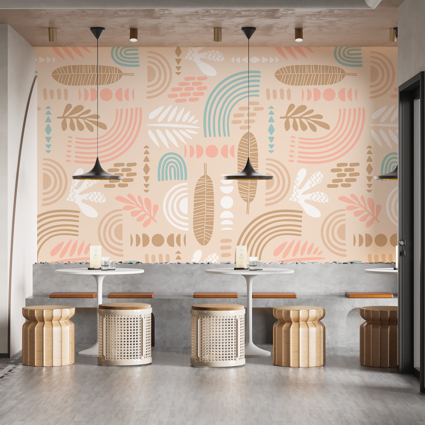 Beige Tropical Leaf Wallpaper for Cafe