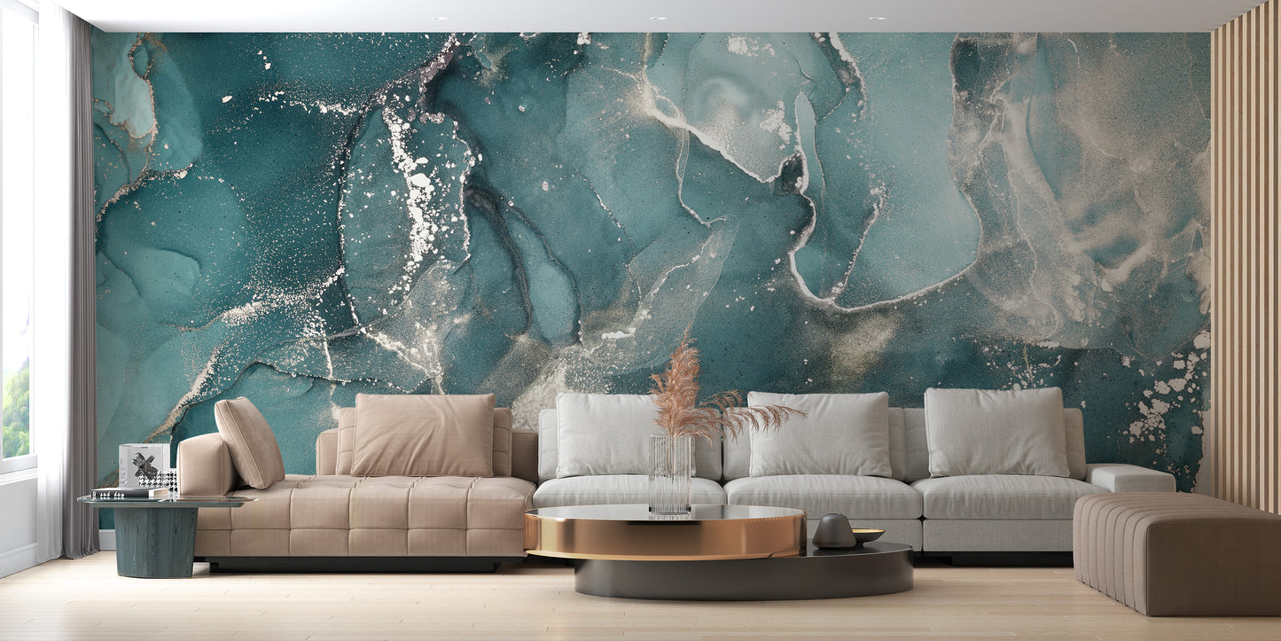 Living Room Statement: Teal Marble Wallpaper Design